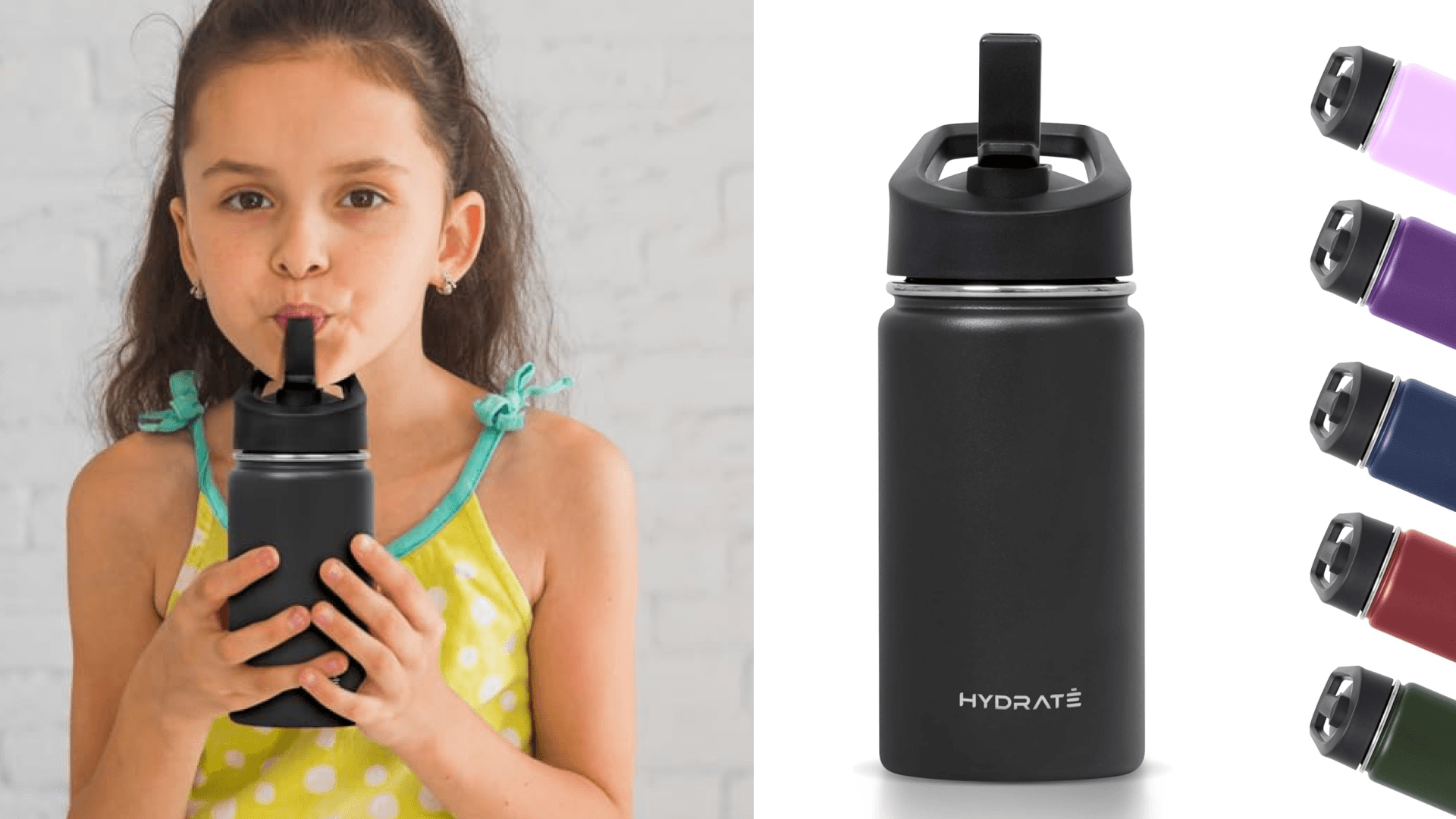 Hydrate Water Bottle for Kids - 14oz Insulated Thermal Tumbler - Keeps Drinks Cold or Warm for 6-12hrs - Toddler Straw Lid - Leak Proof - Black