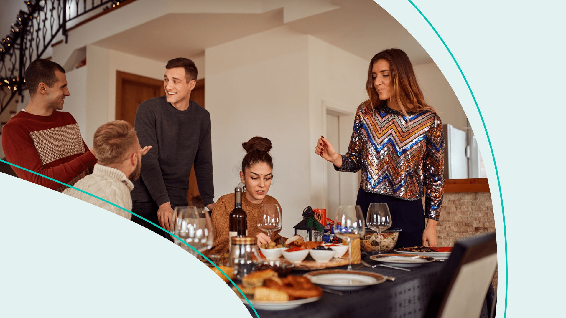 A family standing and talking around the dinner table