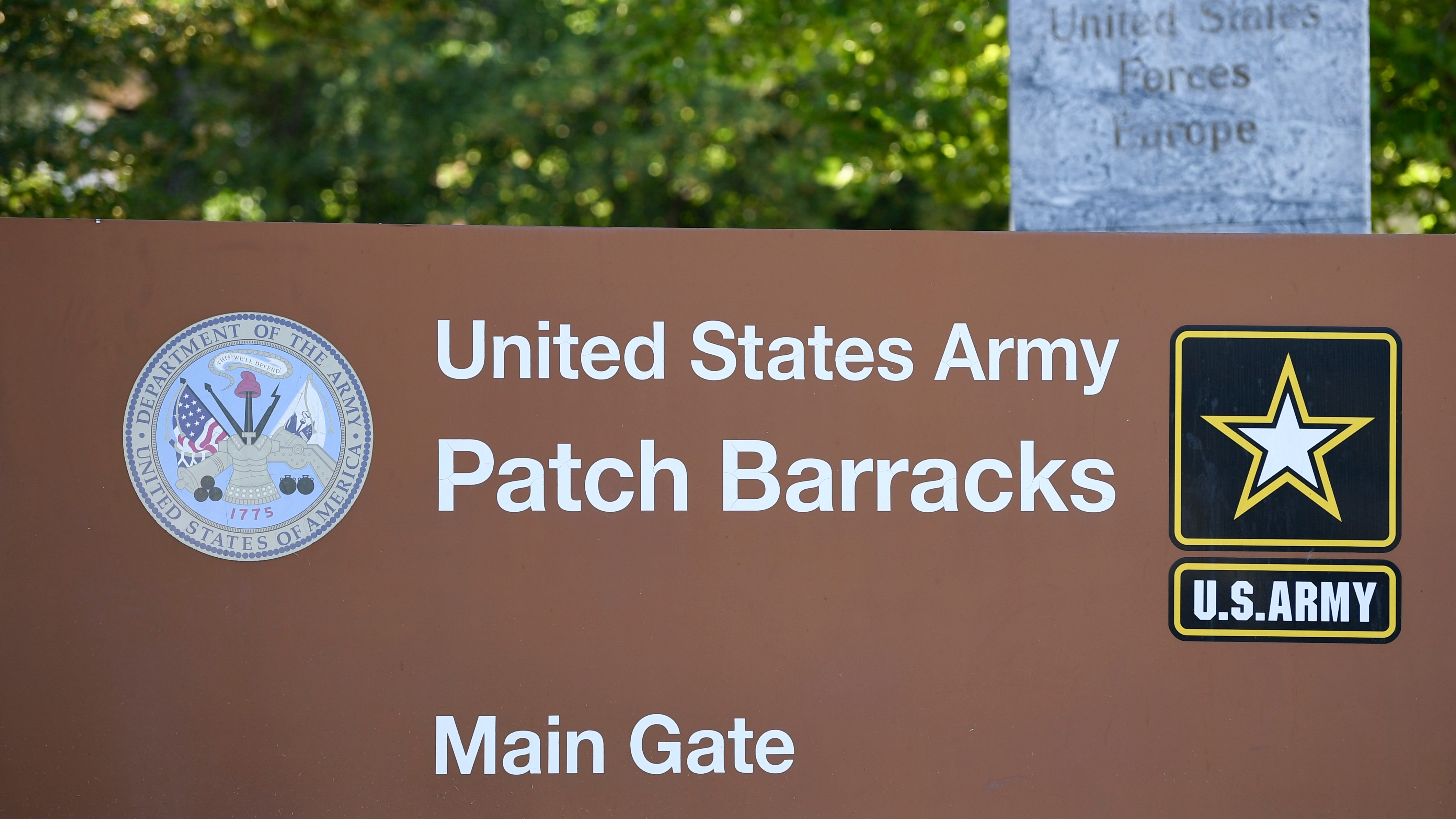 The main gate of the United States European Command (EUCOM) headquarters at the Patch Barracks is seen in Stuttgart, southern Germany, on July 29, 2020.