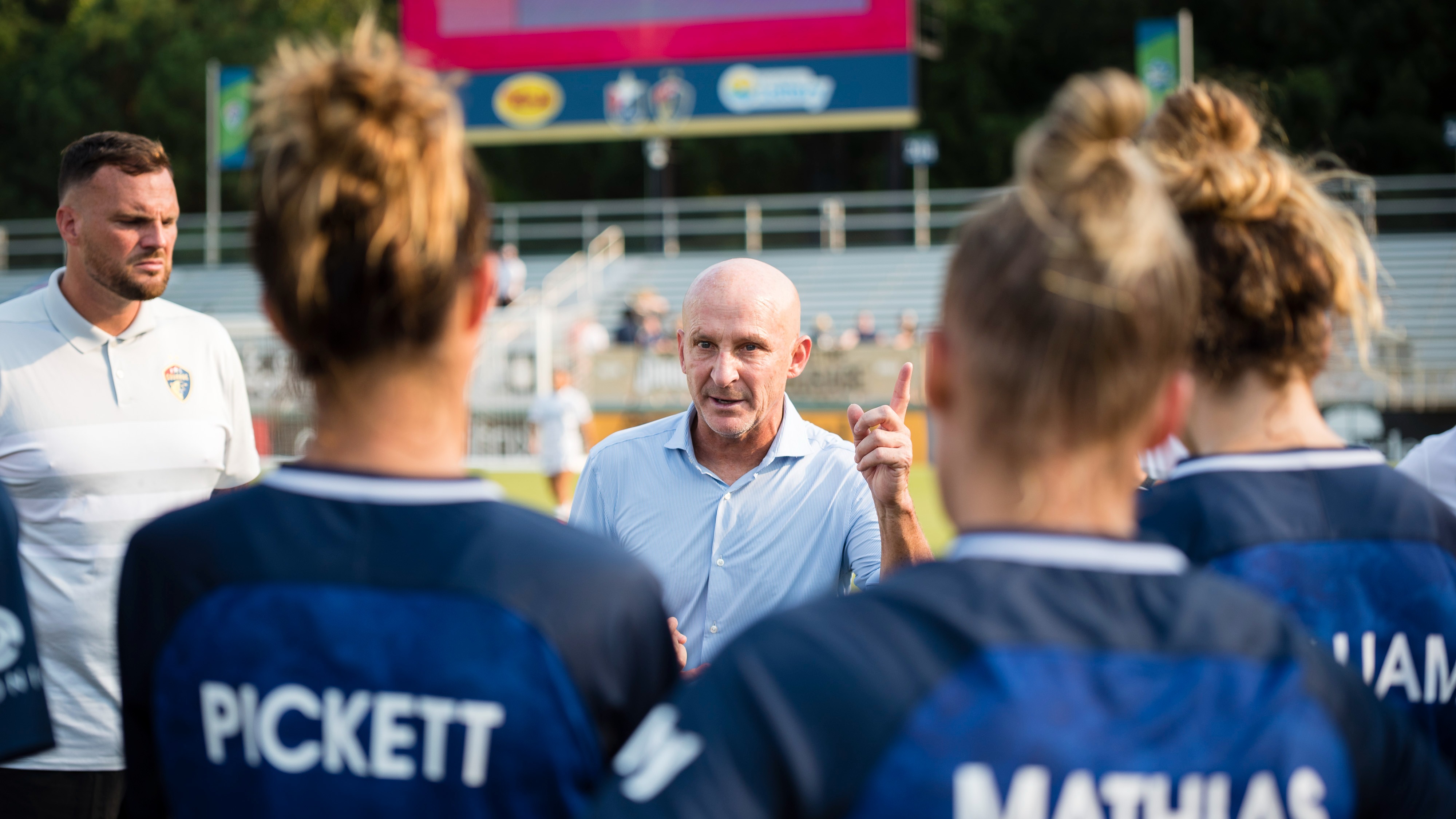 NC Courage head coach Paul Riley addresses his team after a game between Portland Thorns FC and North Carolina Courage