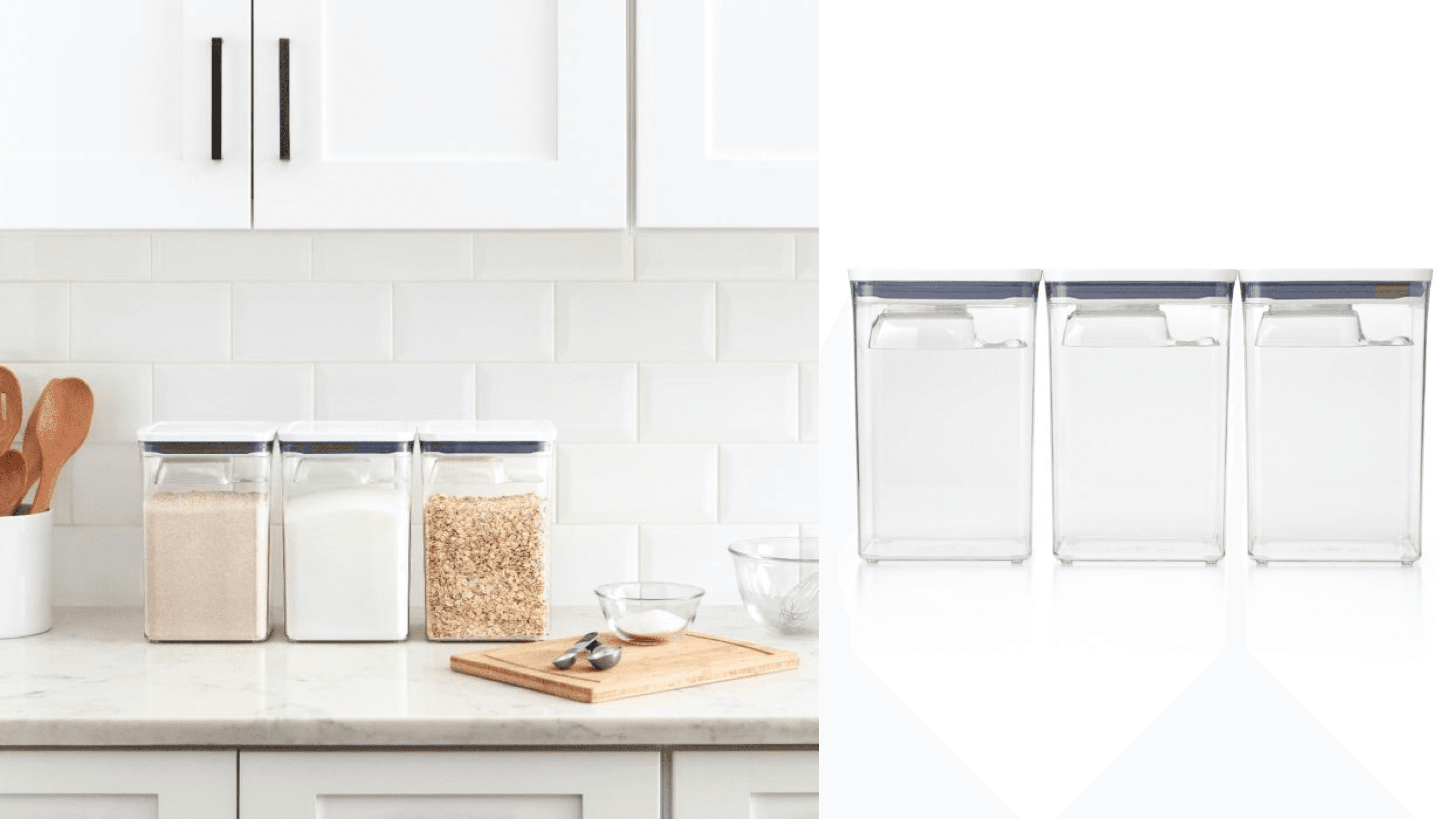 airtight storage containers for foods like grains, cereal, rice, pasta, and flour