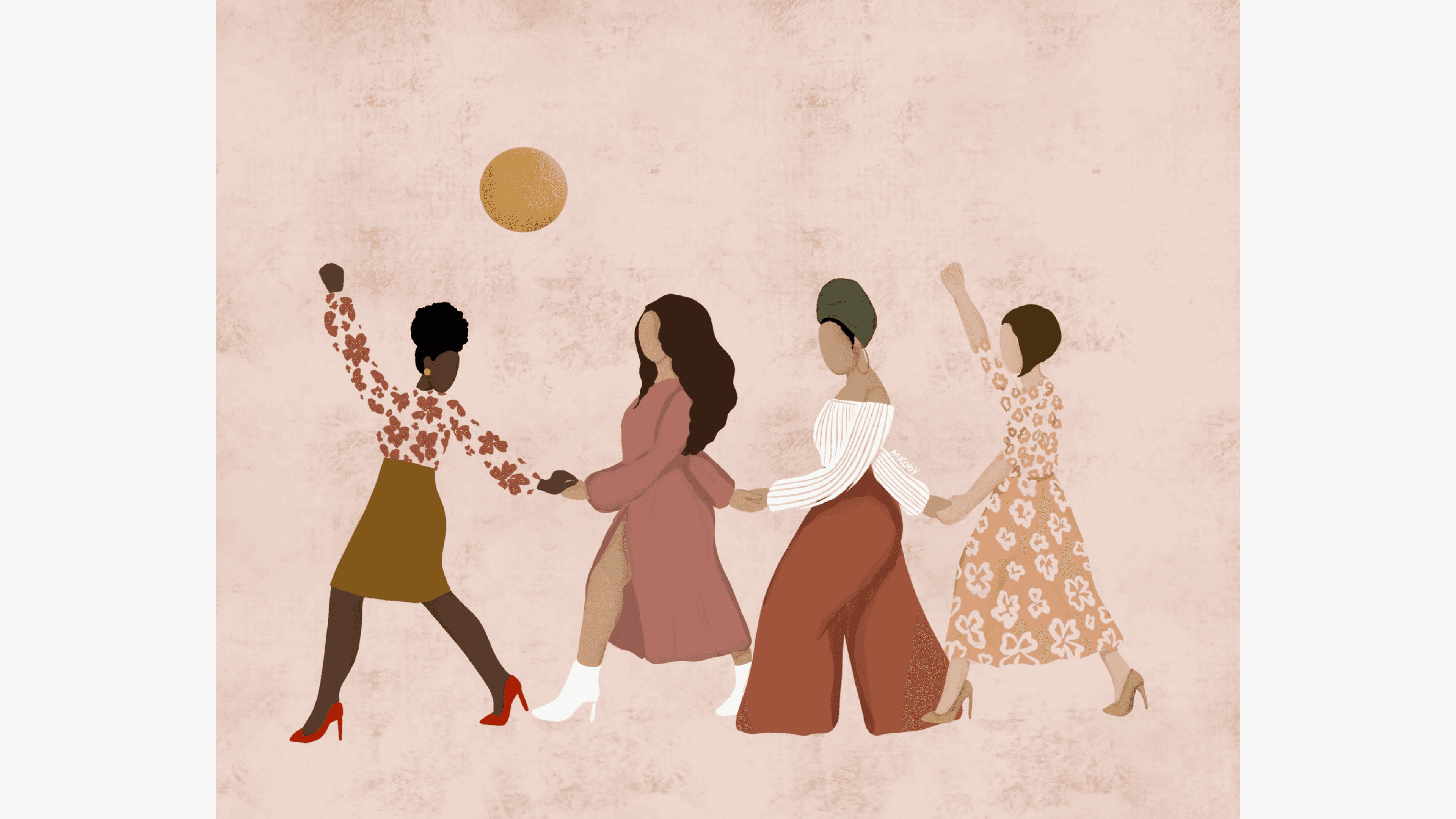 progress print meant to symbolize unity, four women holding hands marching