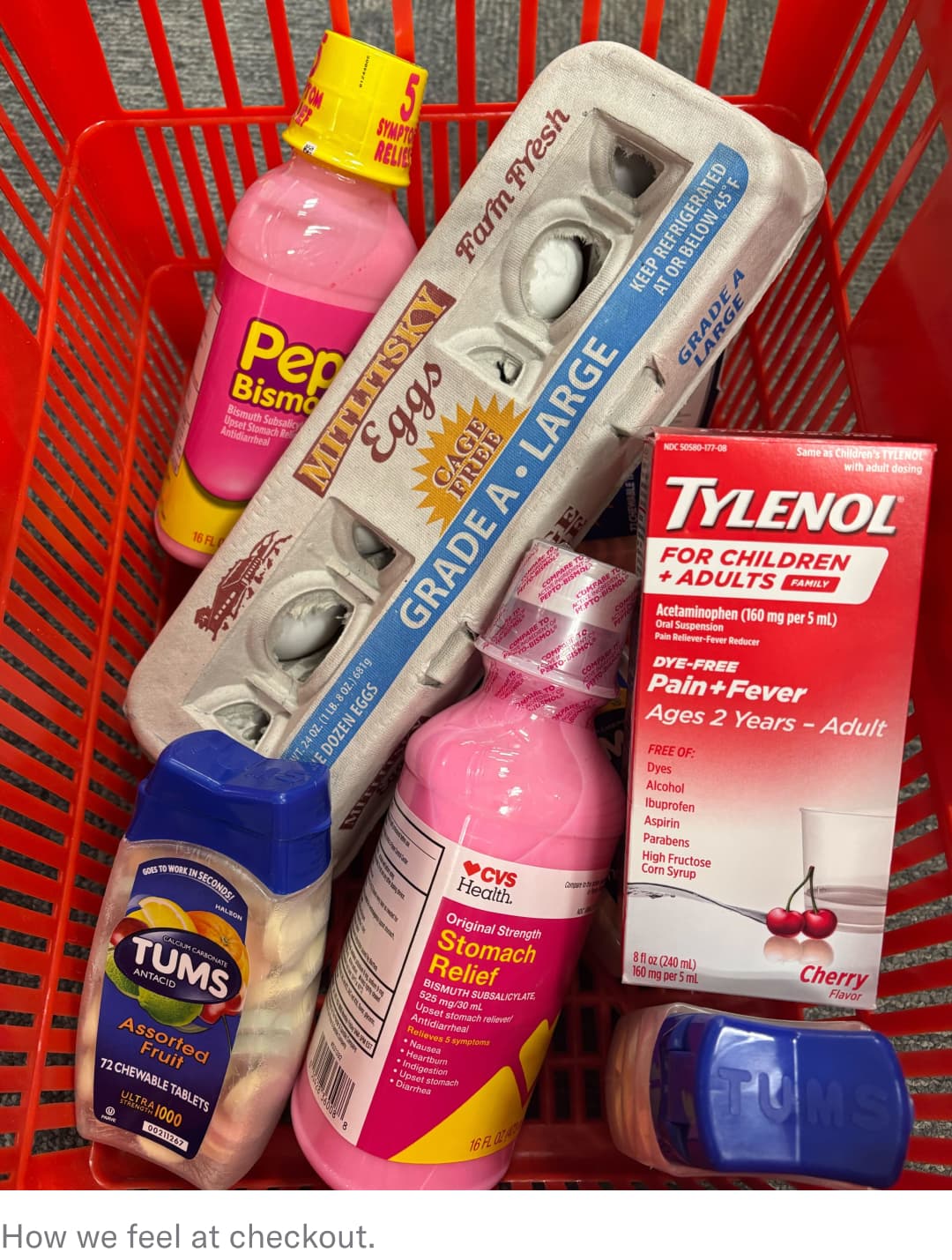 eggs, pepto, and advil signaling that high costs of eggs make us feel sick