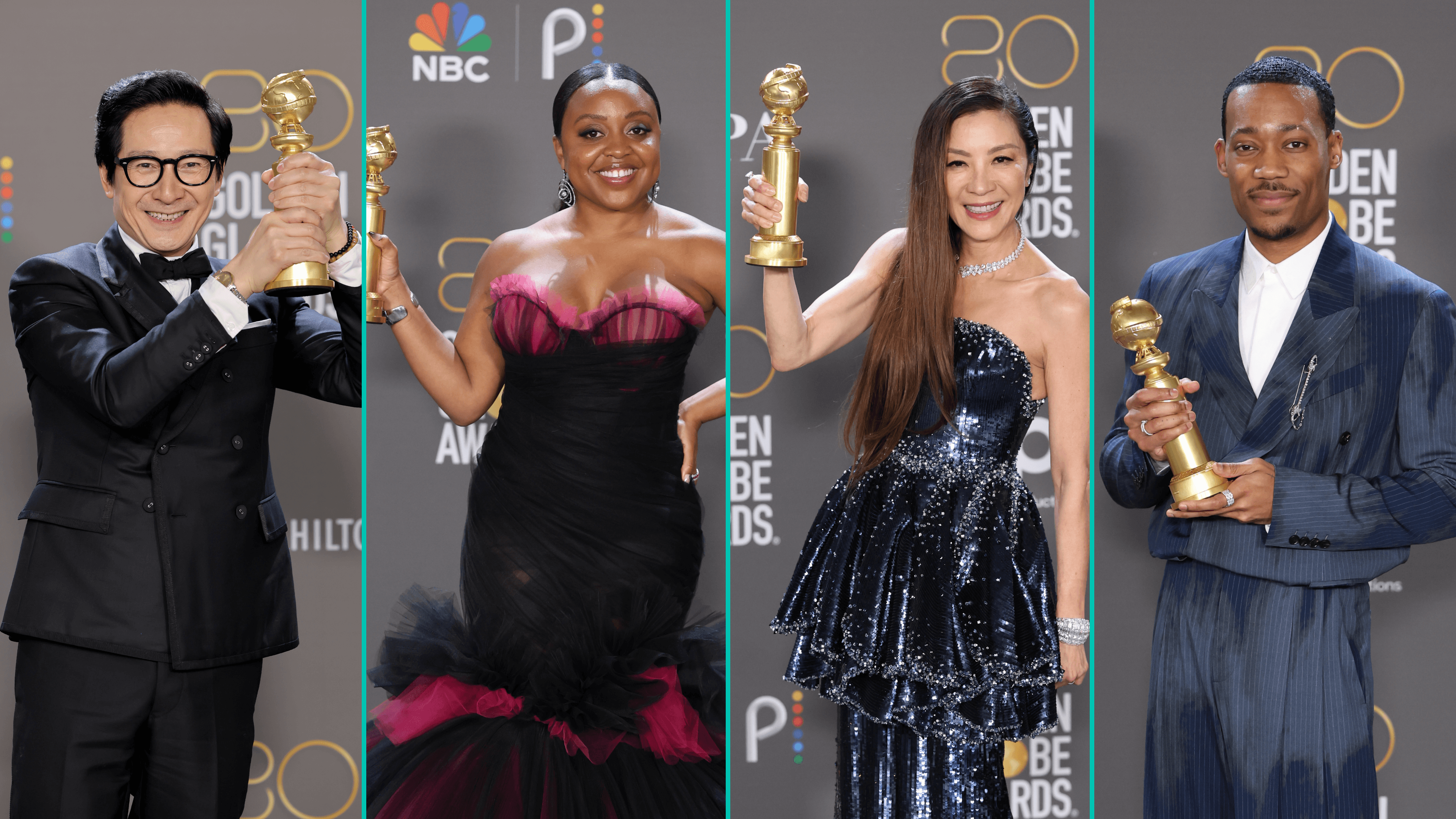 Ke Huy Quan, Quinta Brunson, Michelle Yeoh, Tyler James Williams holding their 2023 Golden Globe Awards
