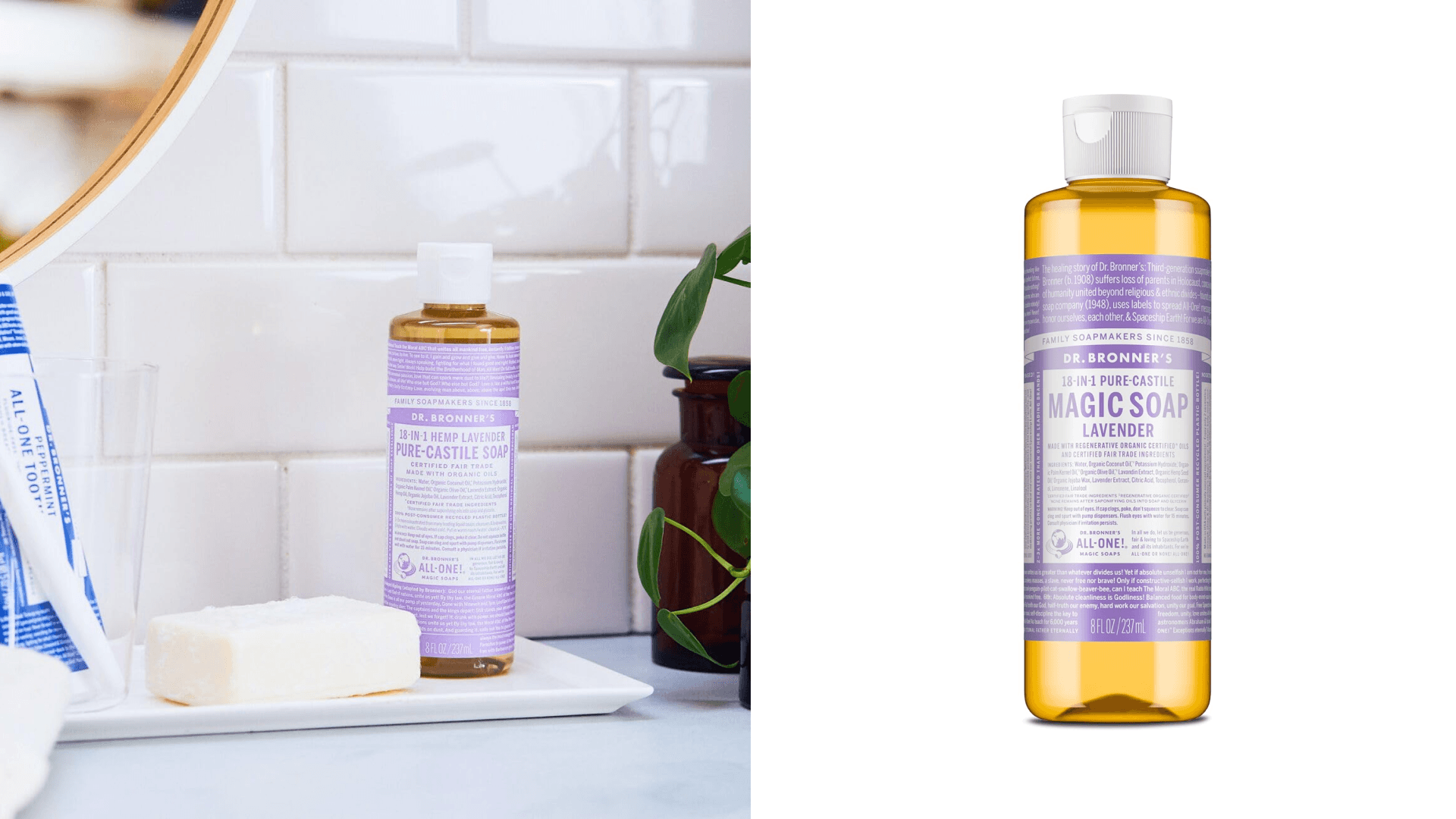 Dr. Bronner's Magic Soap-Pure-Castile Liquid Soap (Lavender, 8 ounce, 2-Pack)-Regenerative Organic Certified Oils, 18-in-1 Uses: Body, Hair, Laundry, Pets & Dishes, Concentrated, Vegan, Non-GMO