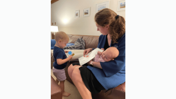 Sarah Kaufman at home with her two children.