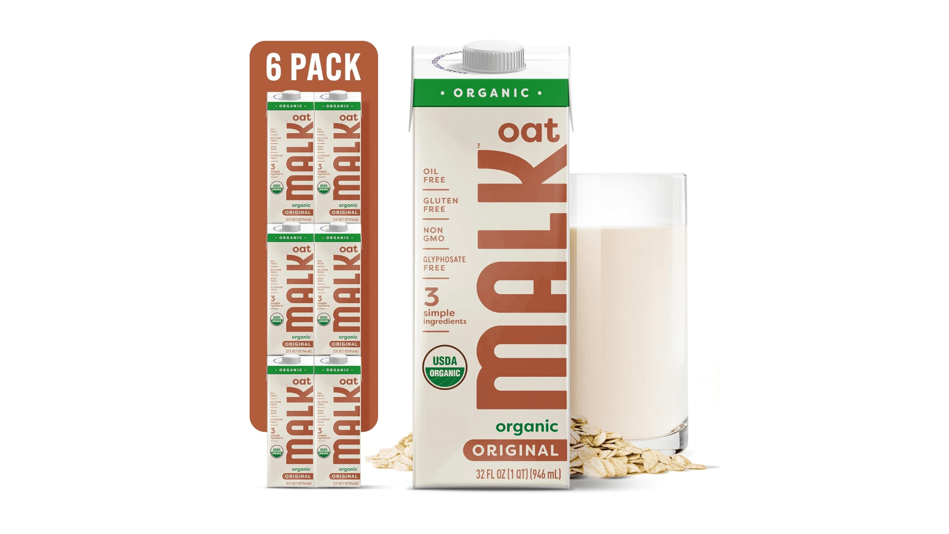 MALK Oat Milk (32oz, Pack of 6) Original Shelf Stable Organic Oat Milk, Non GMO, Dairy Free, Vegan, Plant Based, No Gums or Fillers - Barista Malk Oatmilk for Smoothies, Cereal, Creamy Lattes, Coffee