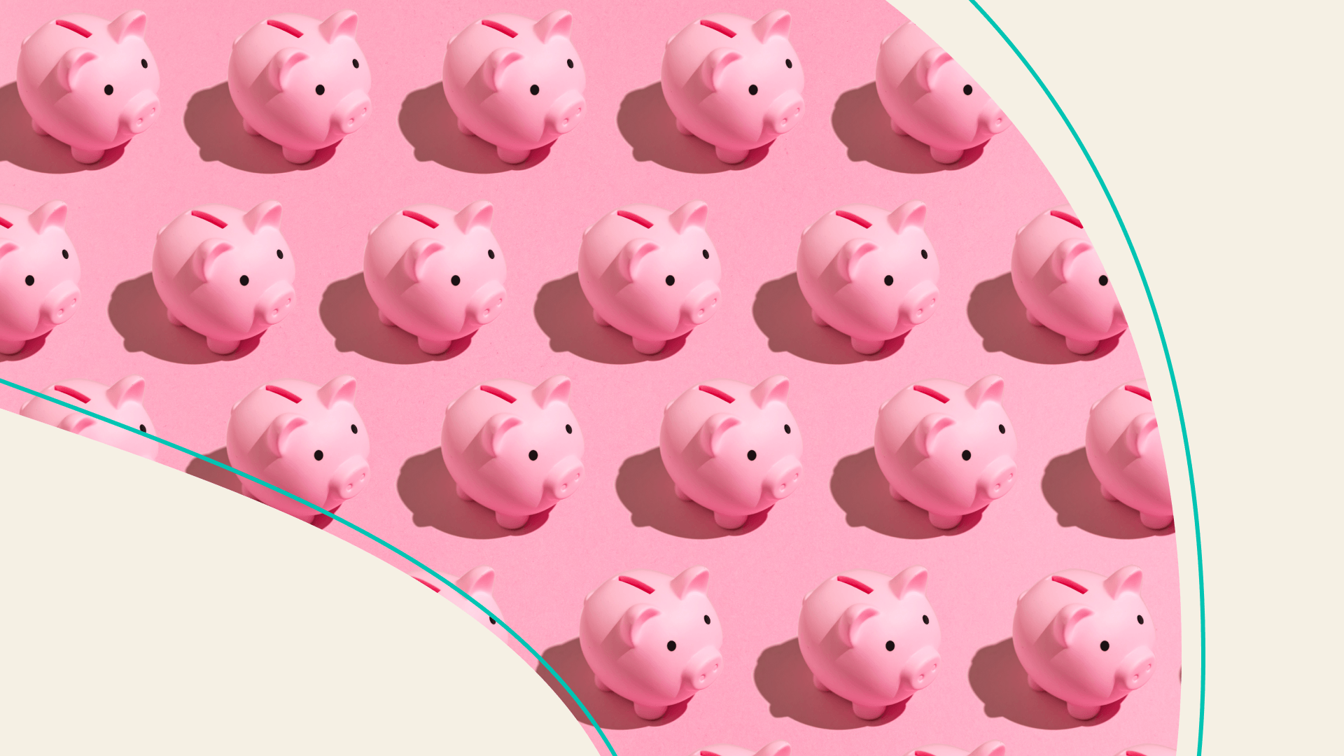 Pattern of pink piggy bank with black eyes on pink background.