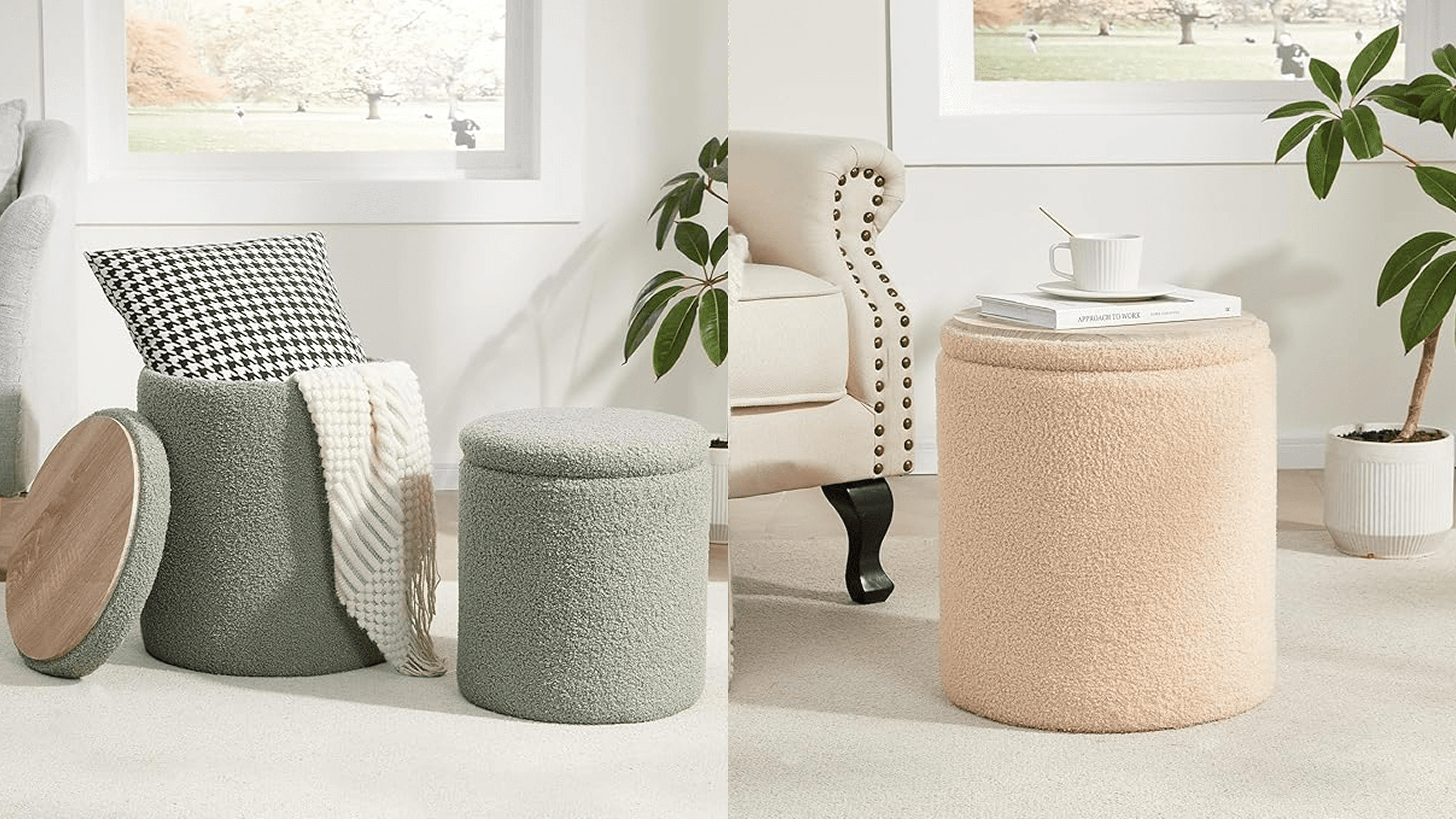 Royal Windsor Boucle Round Ottoman with Storage Set of 2,Small Foot Stool Ottoman for Living Room, Ottoman Coffee Table,Vanity Stool with Storage for Bedroom, Green