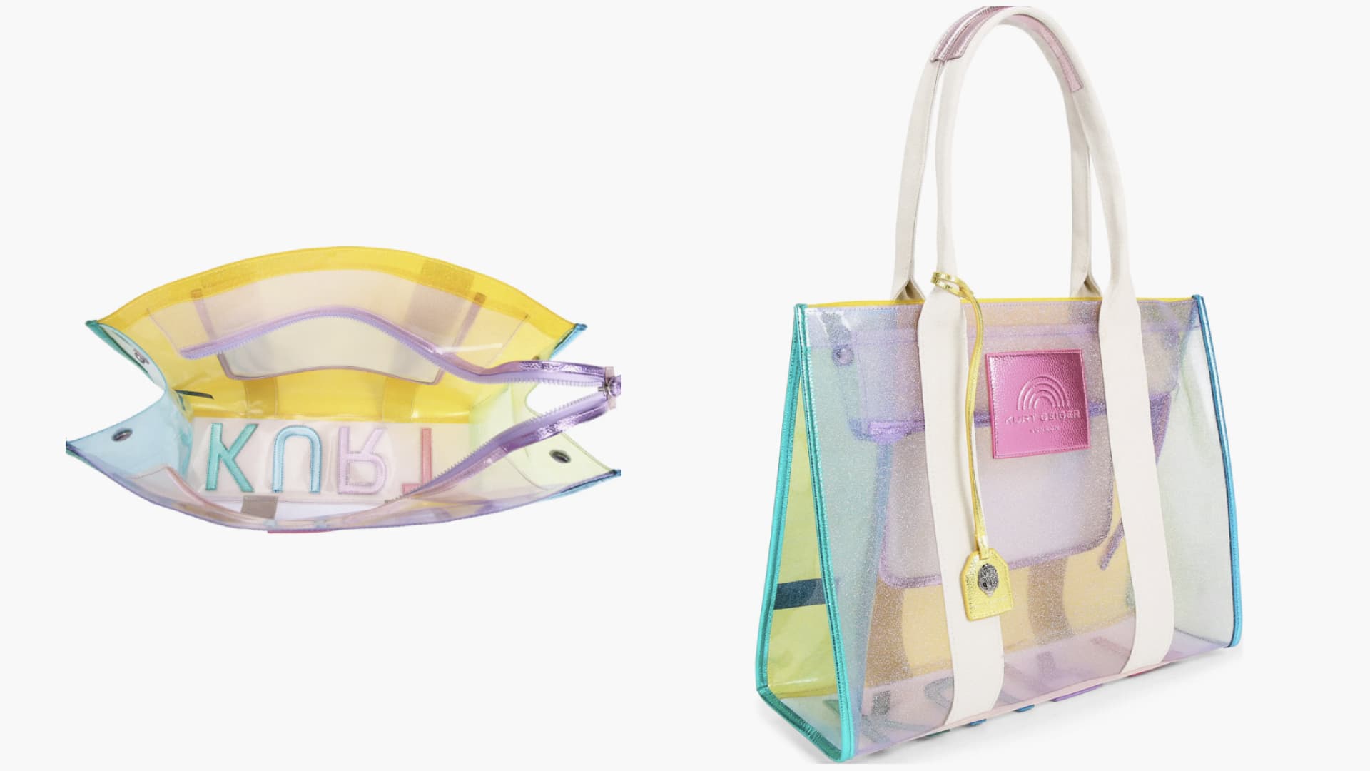 A multicolored vinyl beach tote