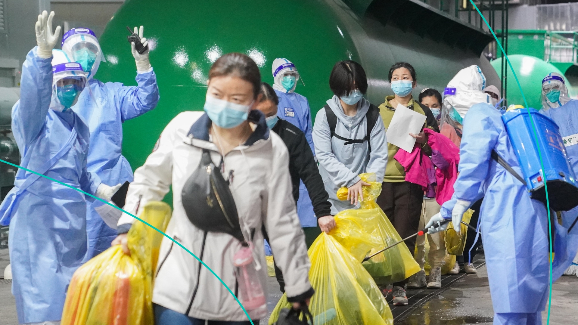 COVID-19 patients leave the National Exhibition and Convention Center NECC, the largest makeshift hospital, in east China's Shanghai, April 14, 2022.