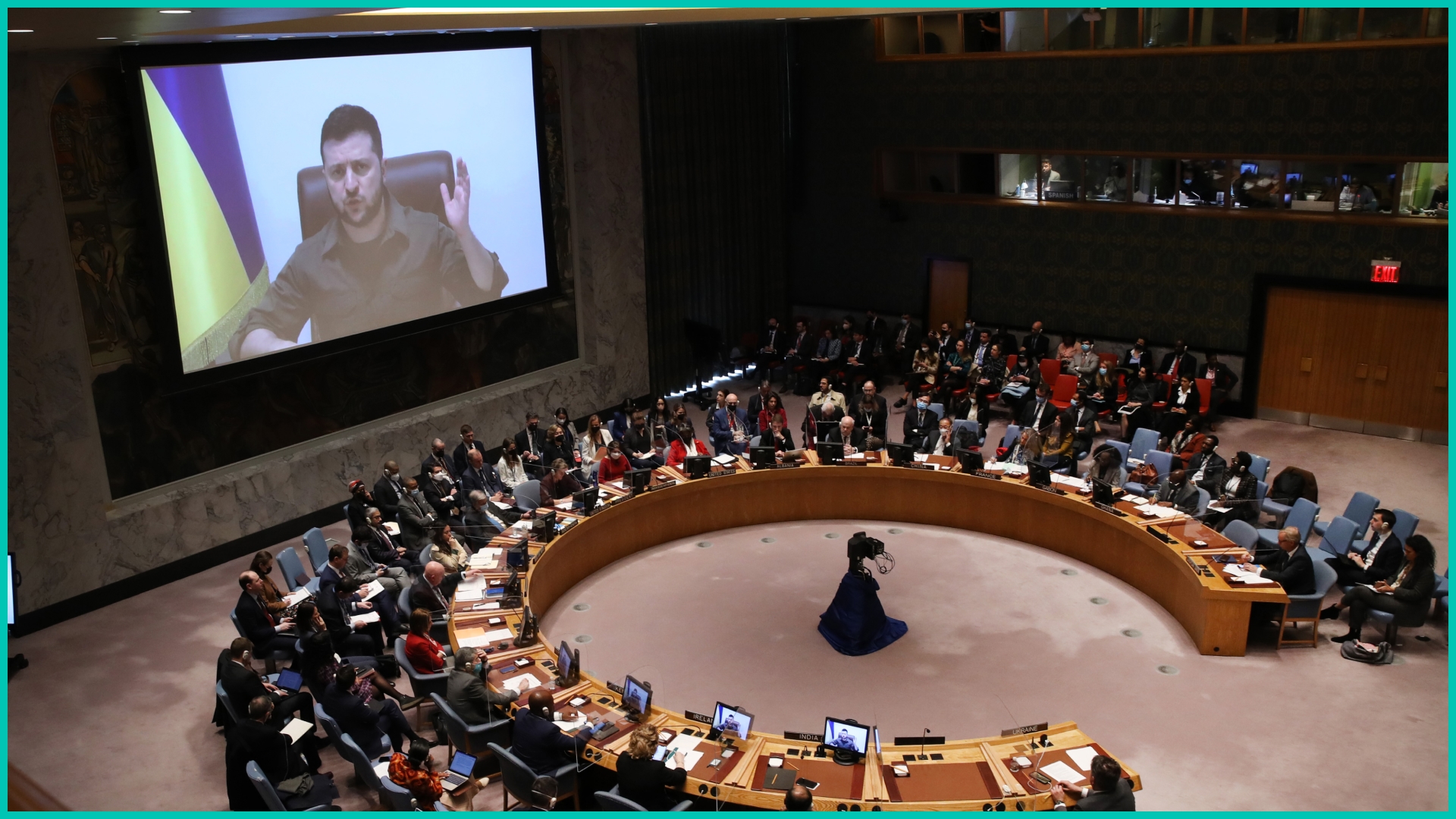 Ukrainian President Volodymyr Zelensky addresses the United Nations (UN) Security Council via video link on April 05, 2022 in New York City.