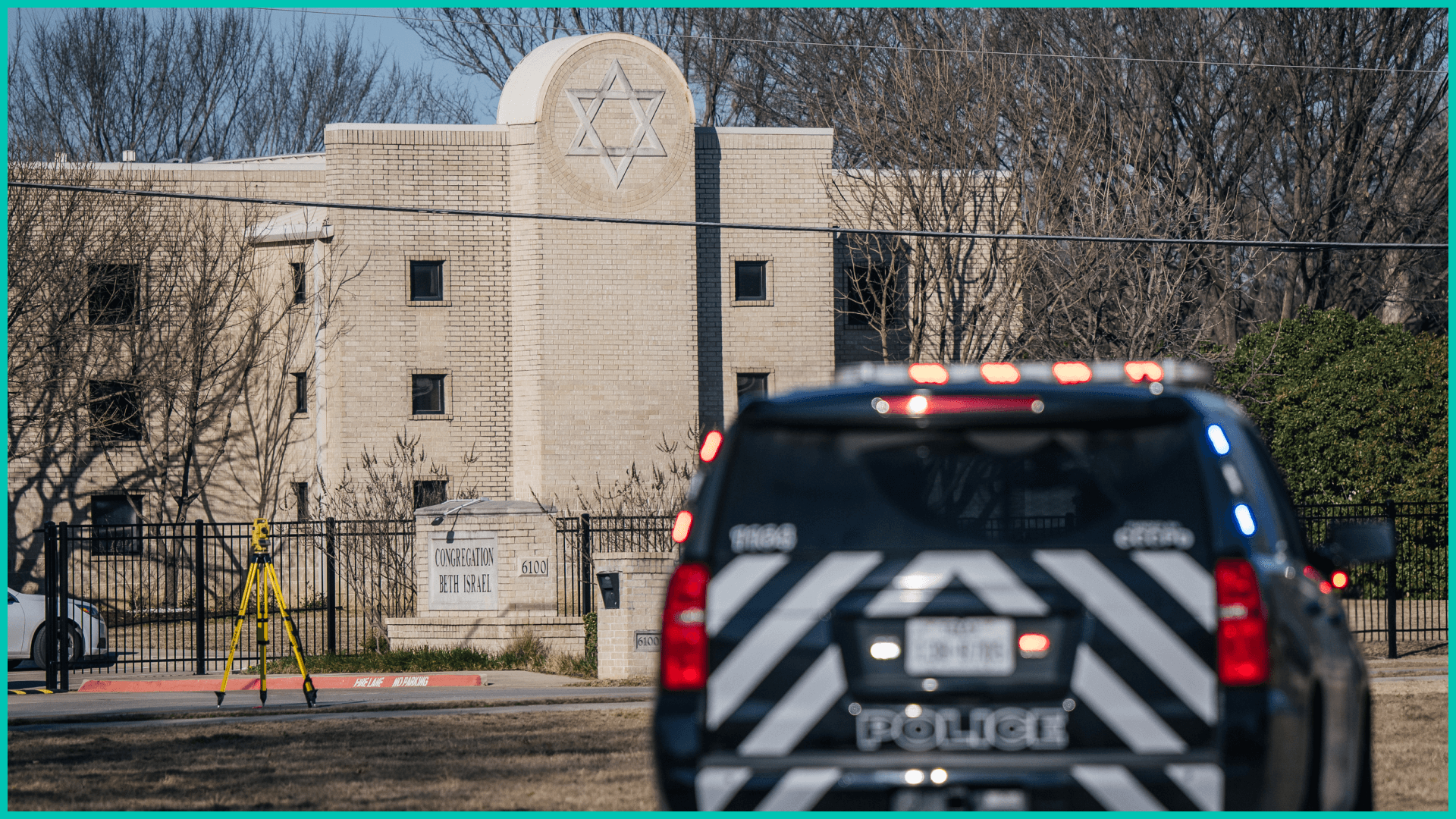 A law enforcement vehicle sits near the Congregation Beth Israel synagogue on January 16, 2022 in Colleyville, Texas.