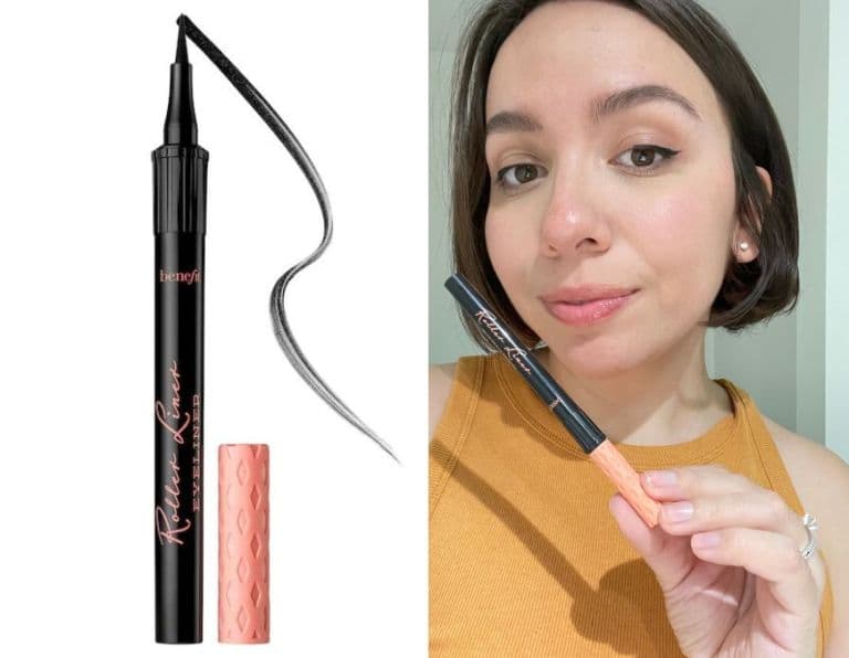 benefit roller liner image on one side and alexa wearing the liquid eyeliner on the other side