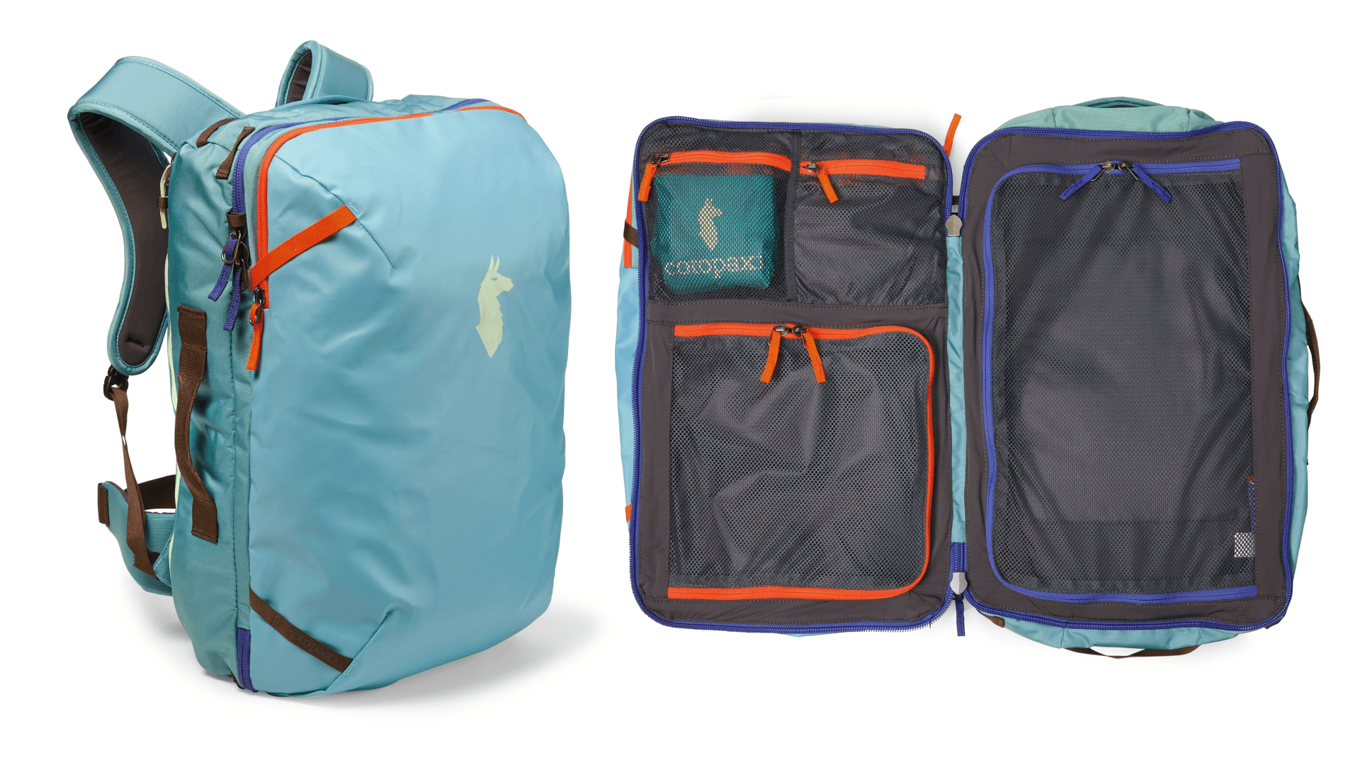 Woman wearing a backpack and a clamshell opening of the backpack