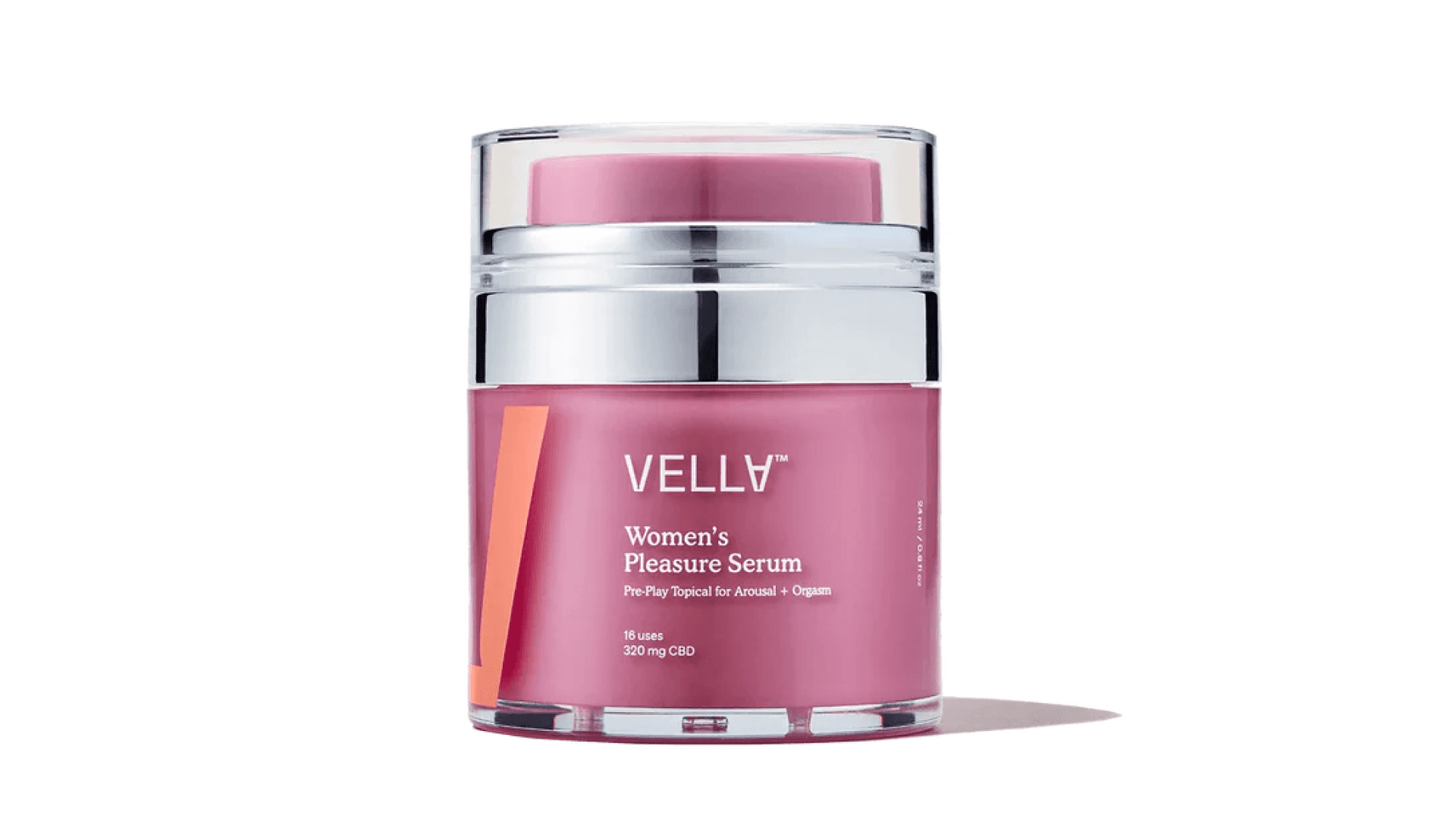 Pink jar with orange "V" logo and silver accents