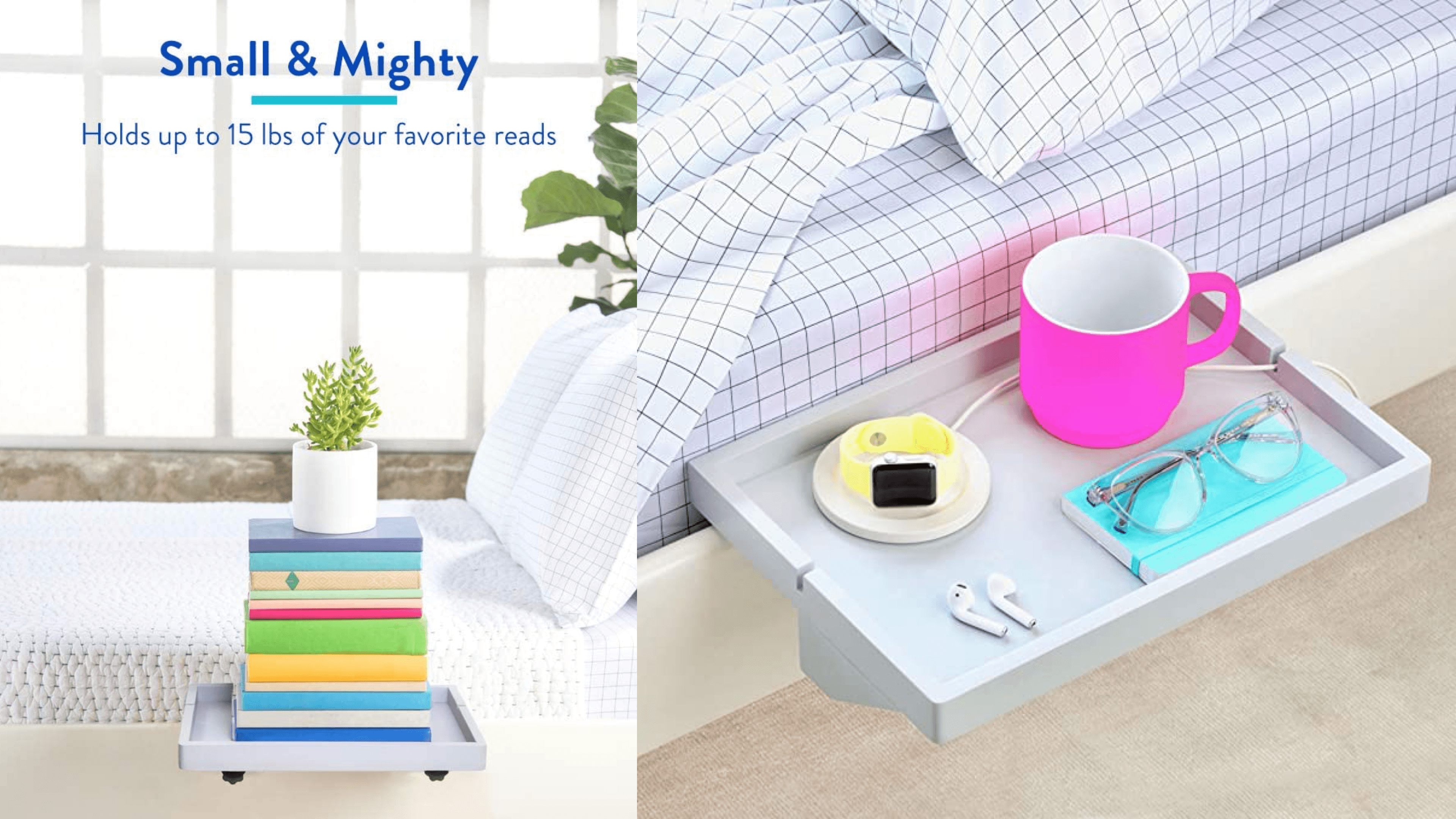floating bedside shelf that can attach to a bed frame