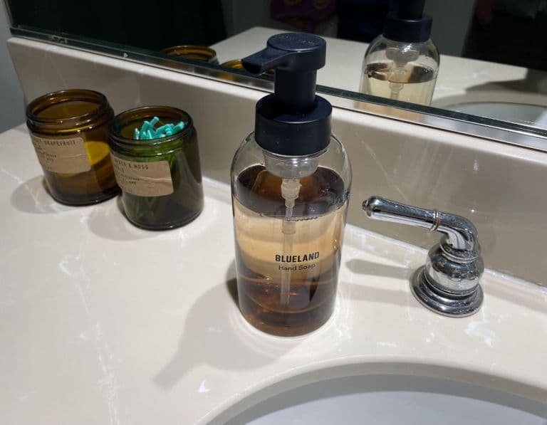 blueland foaming hand soap on bathroom counter, from the blueland and grove co review