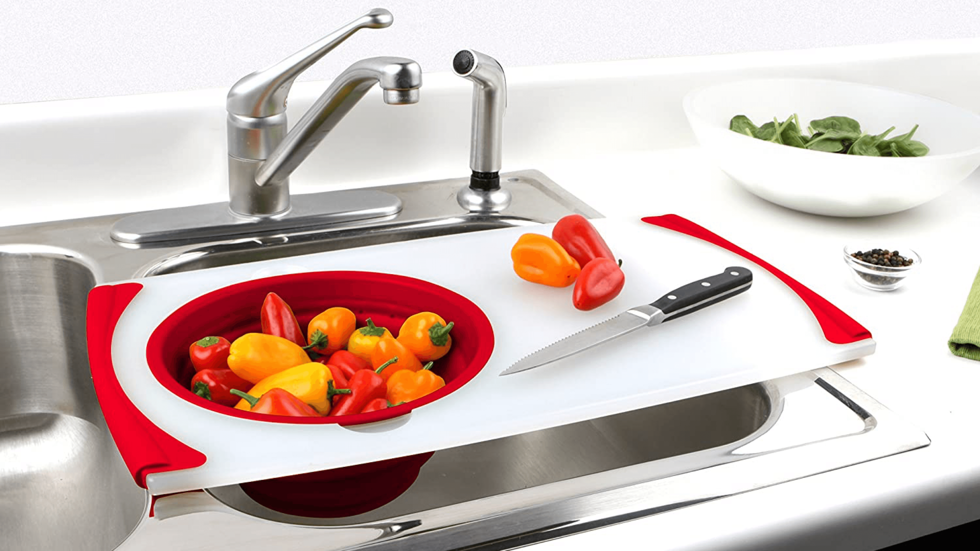 over the sink strainer that is also a cutting board