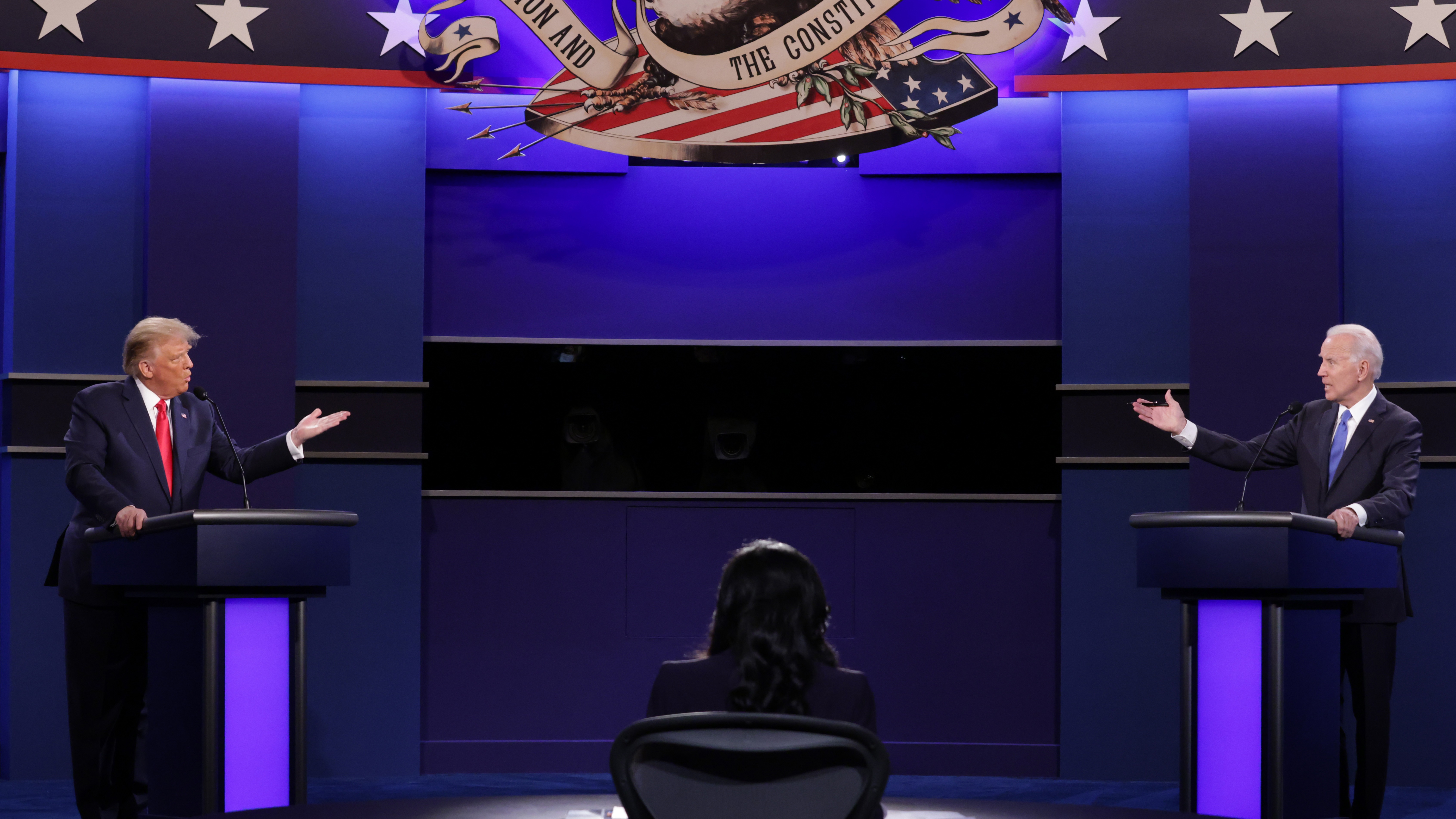 .S. President Donald Trump and Democratic presidential nominee Joe Biden participate in the final presidential debate at Belmont University on October 22, 2020 in Nashville, Tennessee