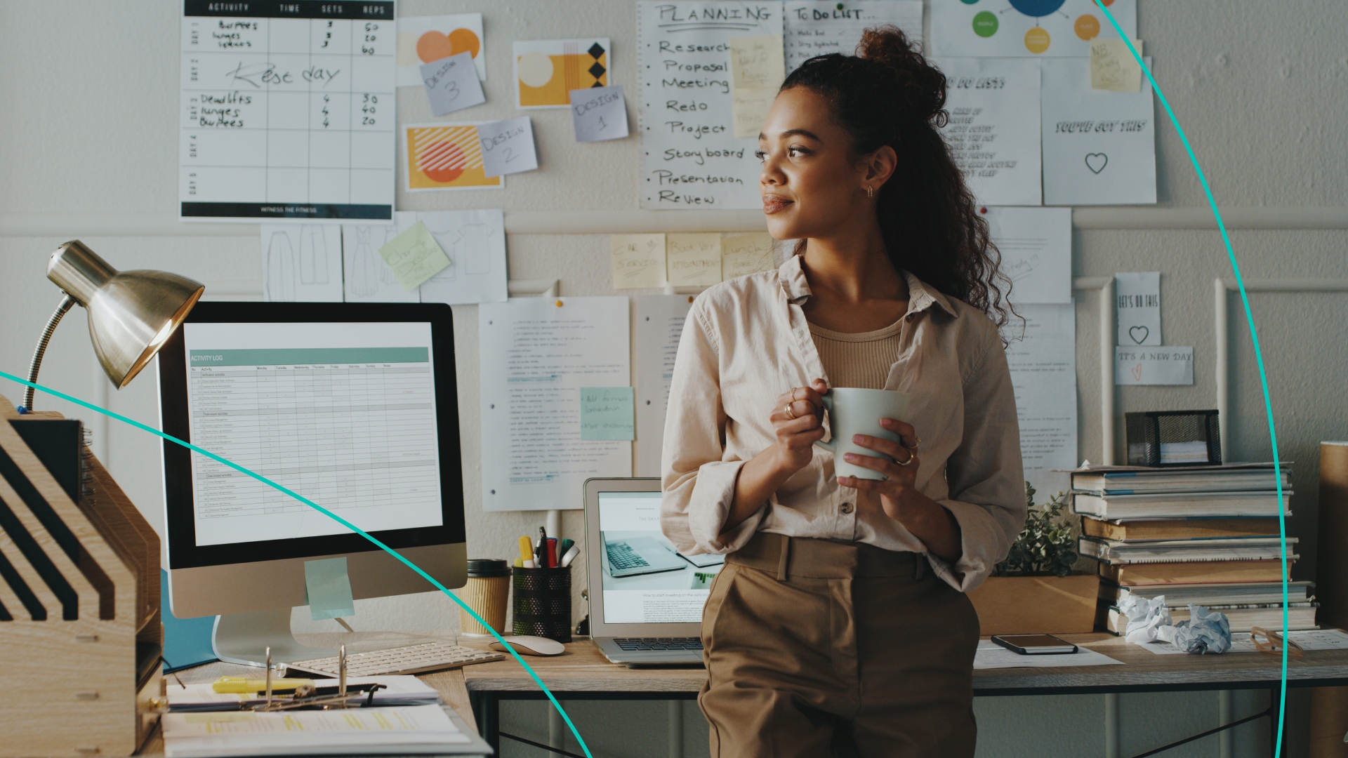 A businesswoman standing and looking contemplative in her home office