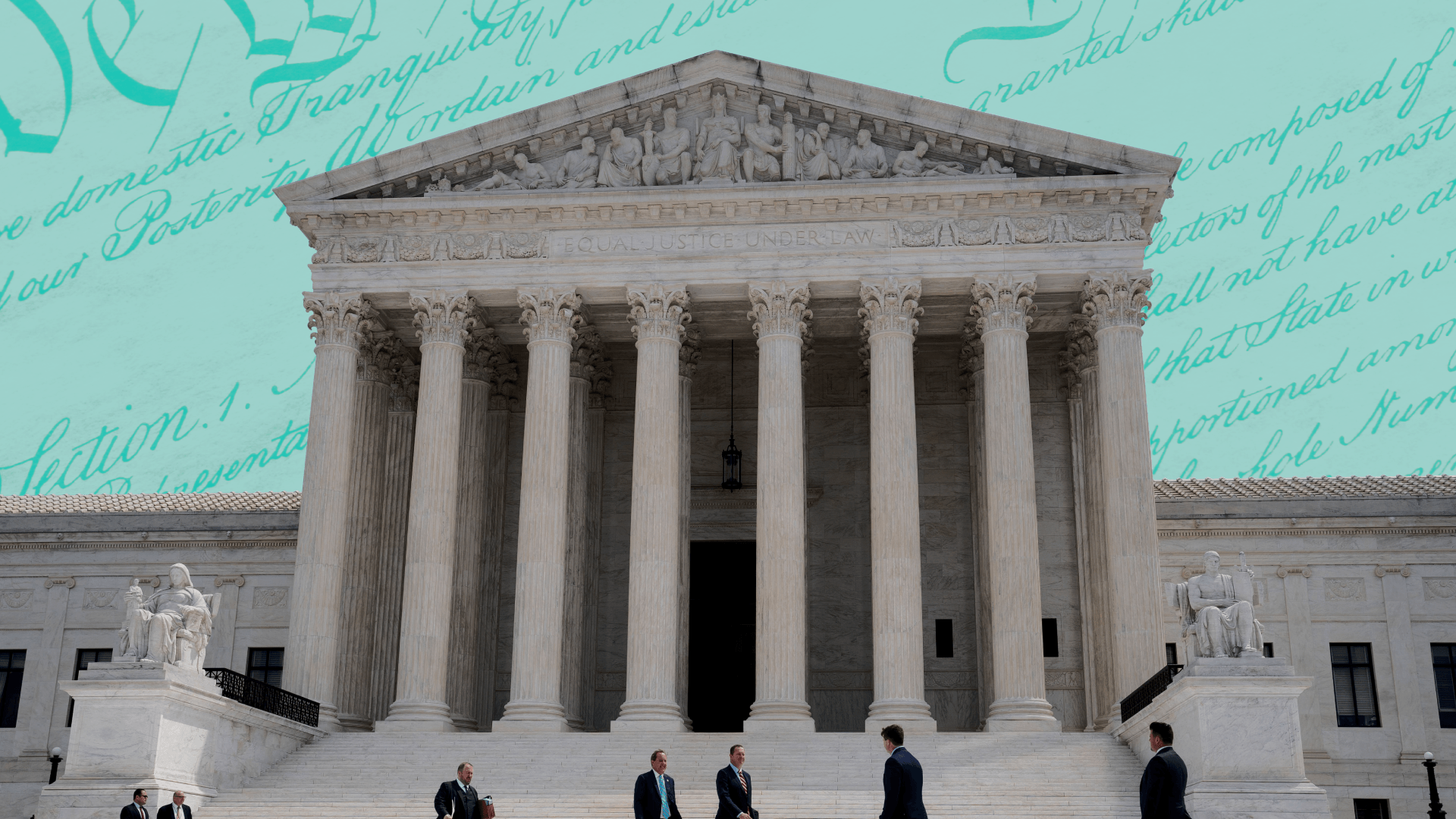 The Supreme Court building, with people in suits walking in front of it, against a background illustration of the text of the US Constitution