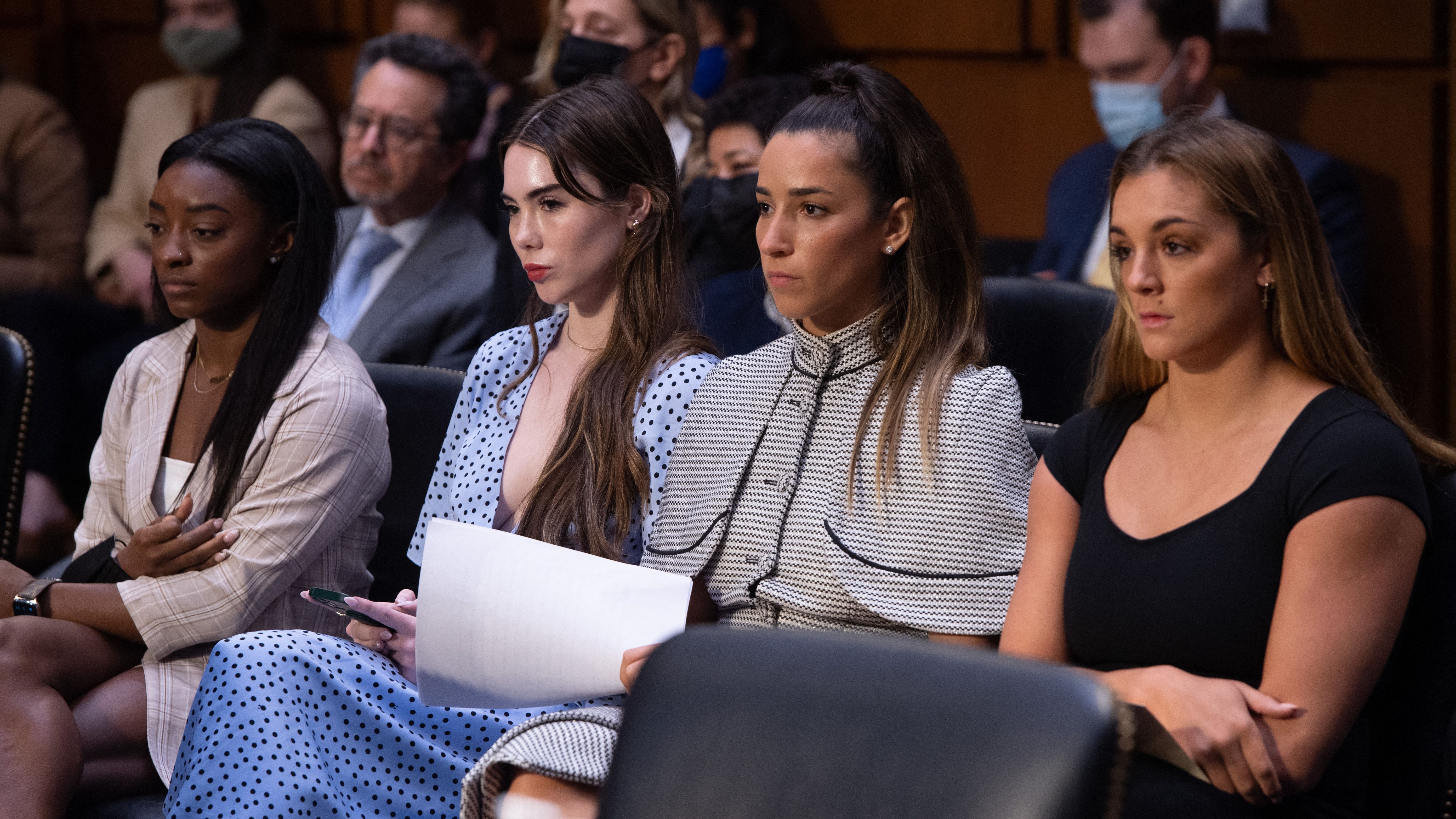 Simone Biles, McKayla Maroney, Aly Raisman and gymnast Maggie Nichols, arrive to testify during a Senate Judiciary hearing
