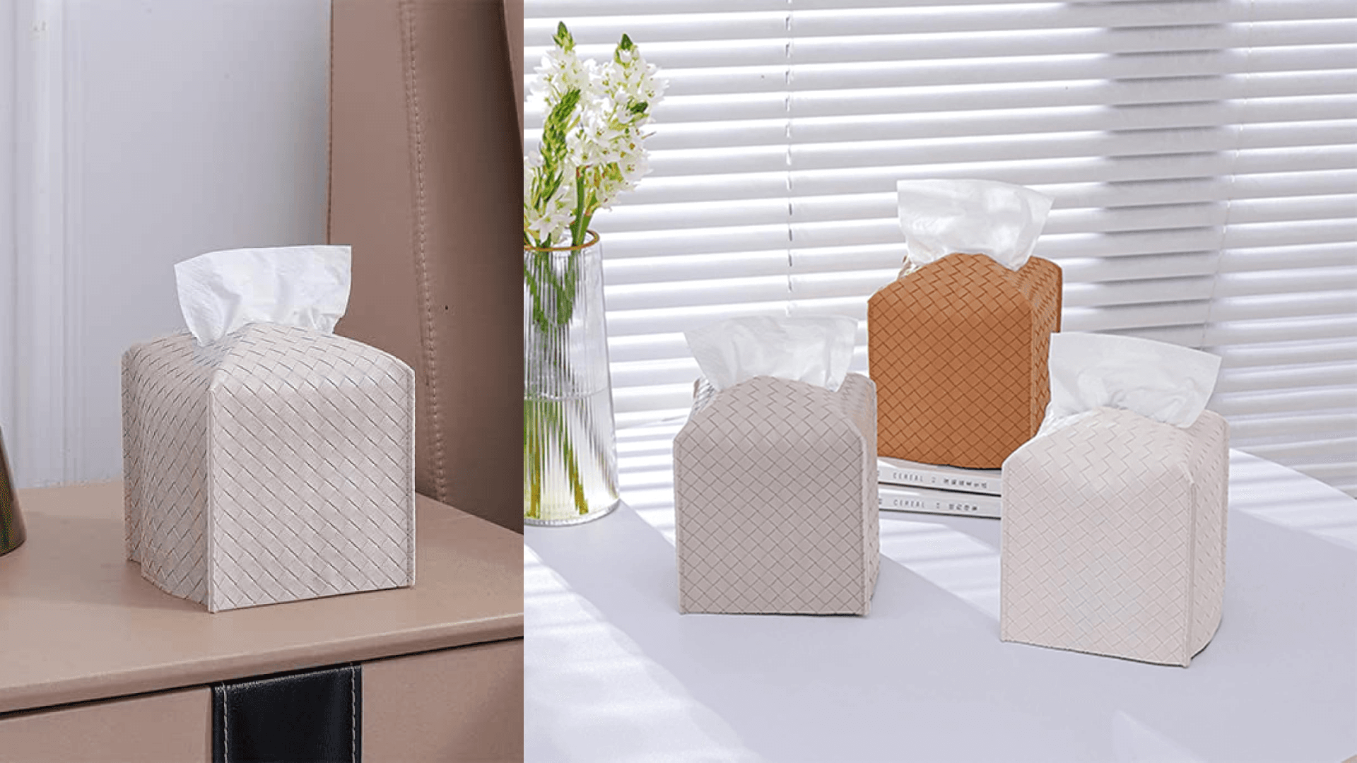 Tissue Box Cover PU Leather Tissue Holder Square Facial Tissue Case Facial Paper Organizer Dispenser for Bathroom, Vanity Countertop, Tabletop, Car, Griege
