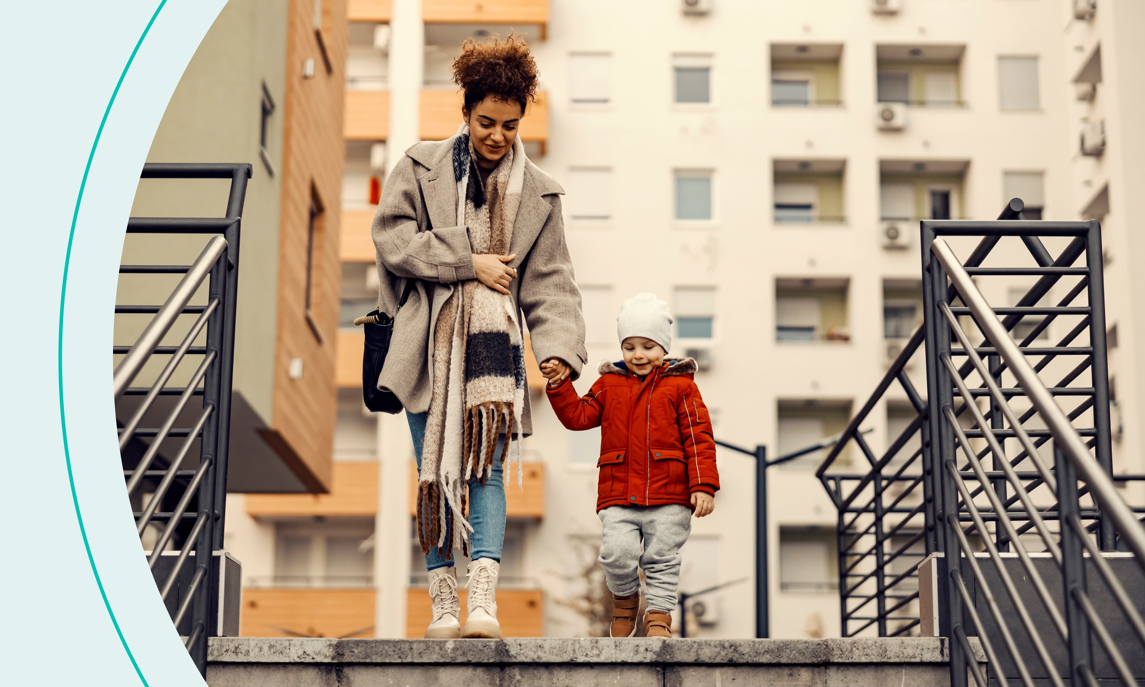 mom and son walking outside in cold