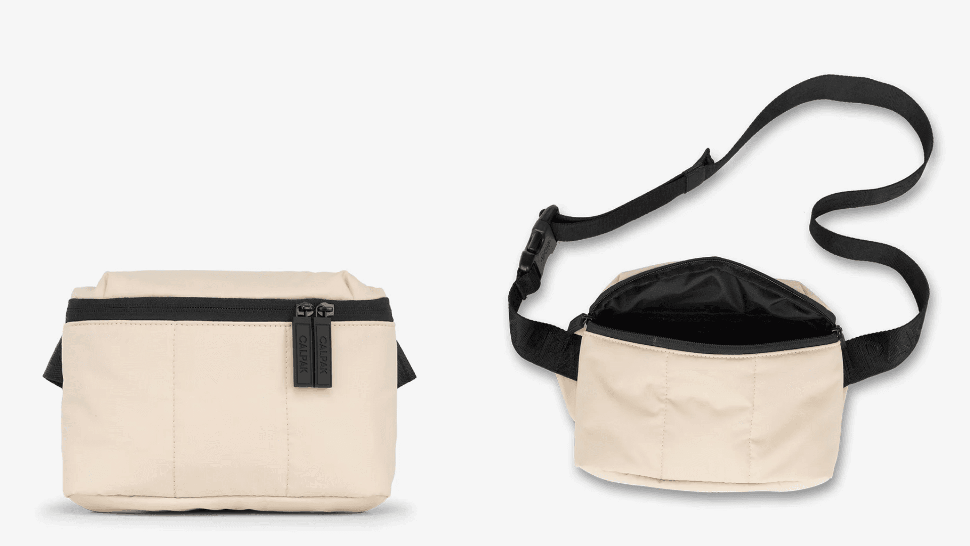 Taupe belt bag with black strap in closed and open positions