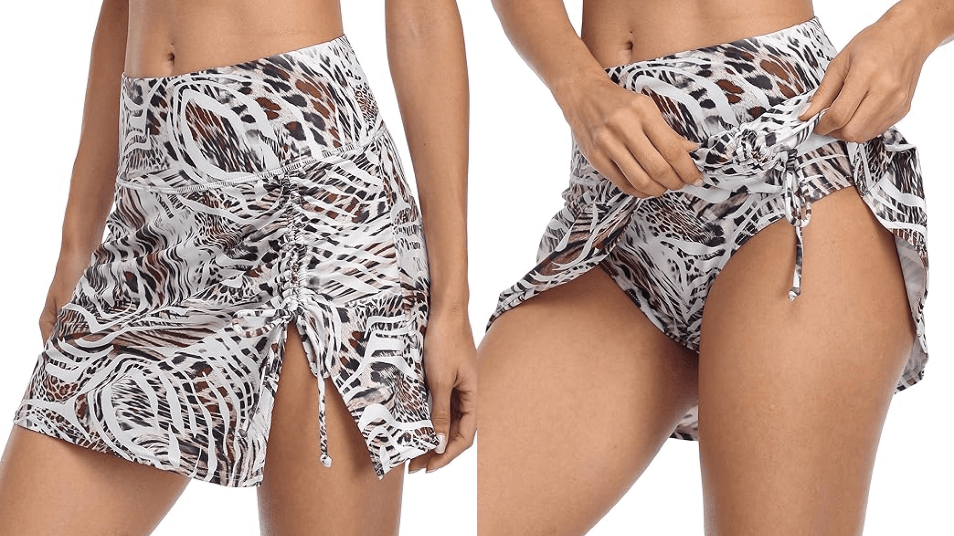 Woman in brown and white patterned swim skirt