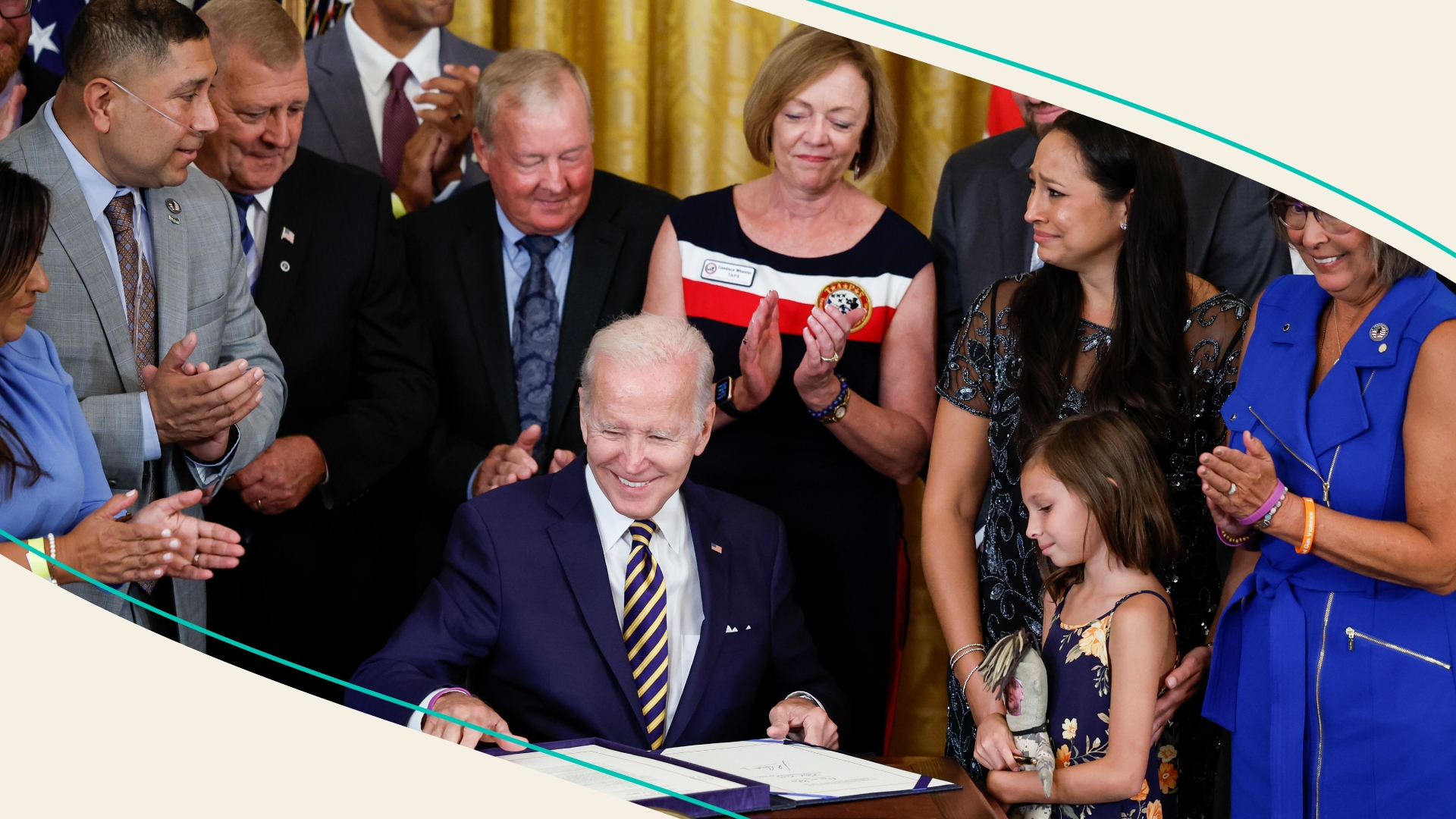 U.S. President Joe Biden smiles after signing The PACT Act in the East Room of the White House August 10, 2022 in Washington, DC.