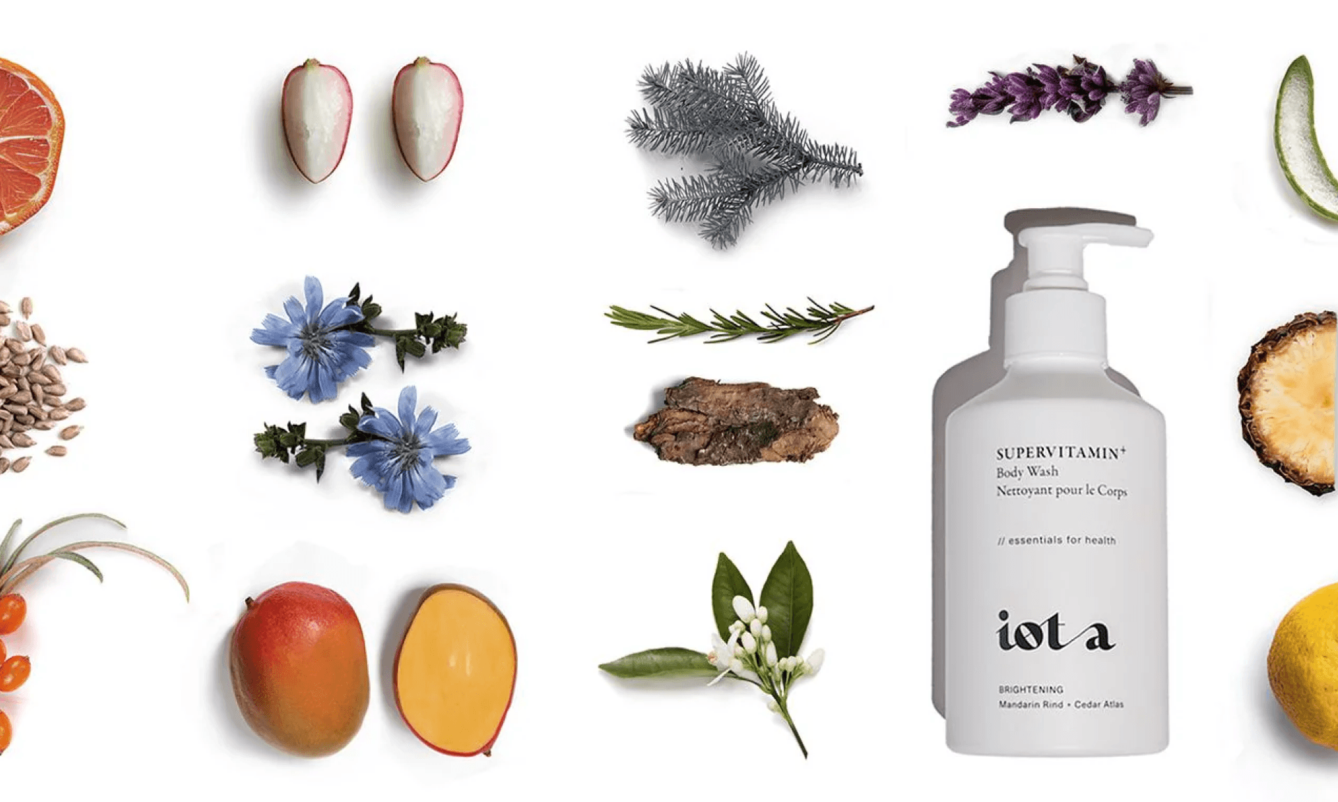 Bottle of body wash displayed among various plants.