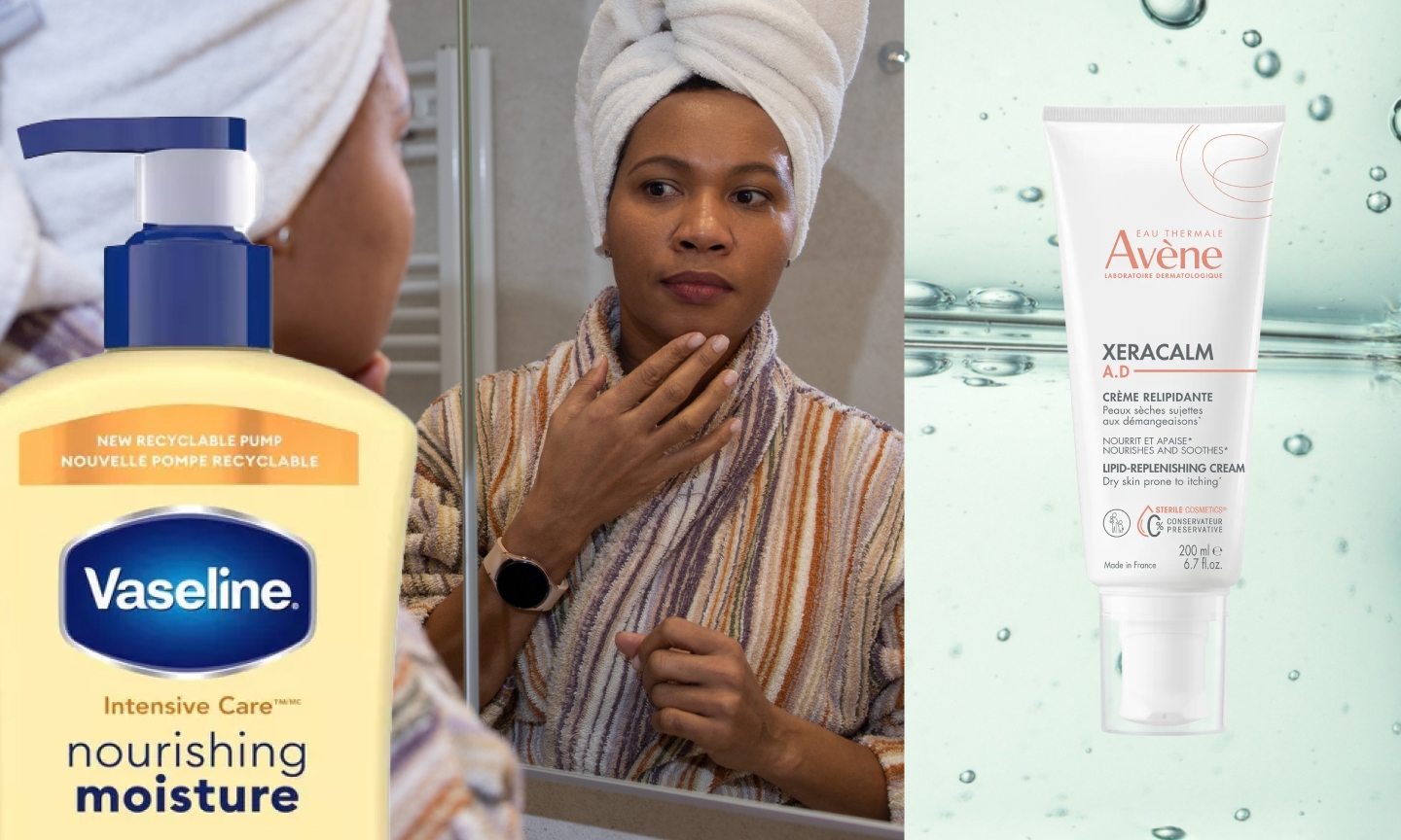 woman applying moisturizer in the mirror