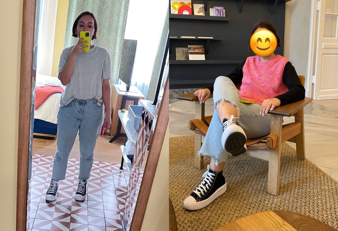 side by side image of author wearing the converse move platform sneaker