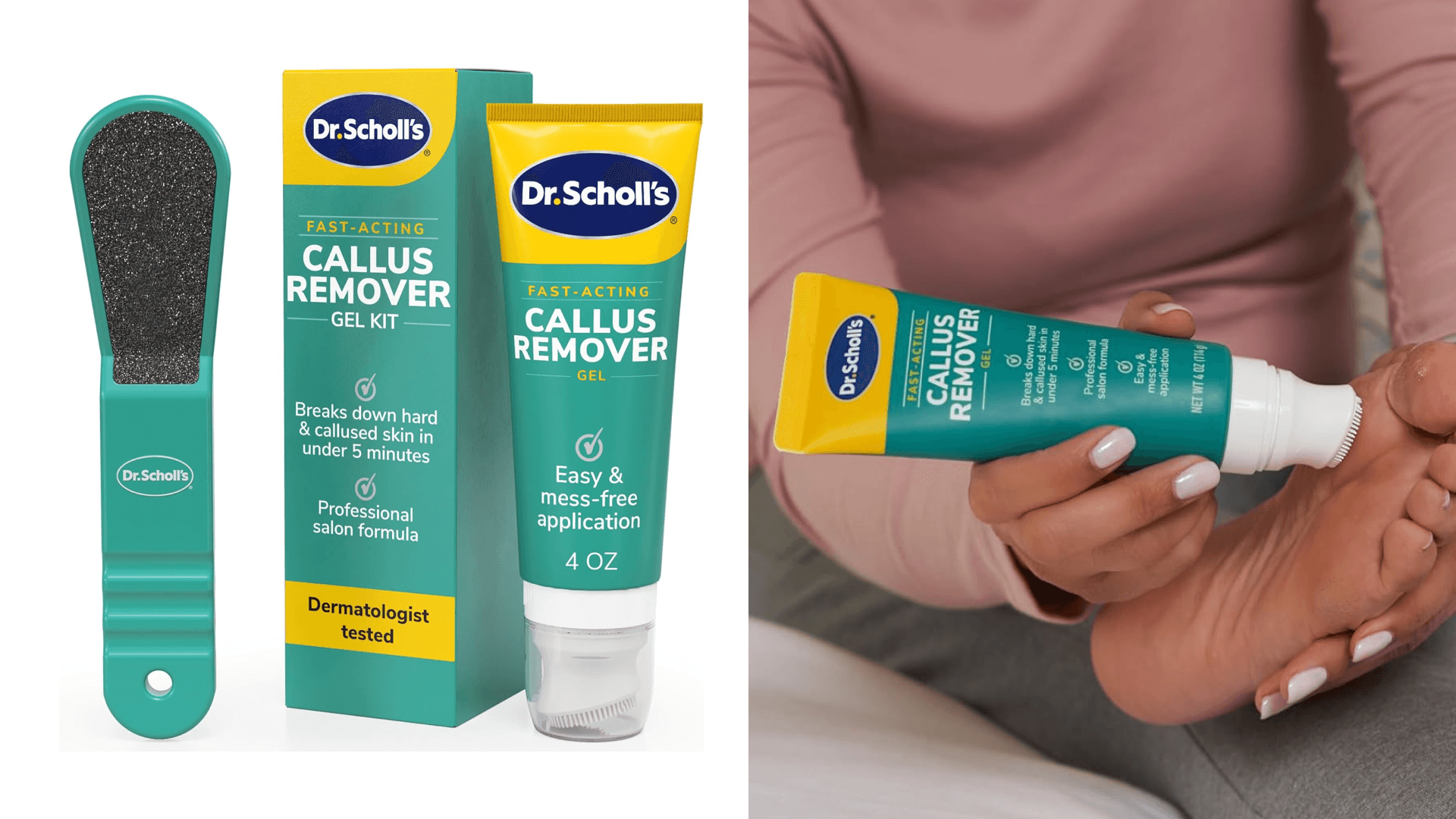 Dr. Scholl's Fast Acting Callus Remover Gel Kit, Hard Skin Removal, Smooth Soft Feet in Minutes, Salon Professional Formula, Mess Free Application, Exfoliating Foot File Pedicure Tool Included