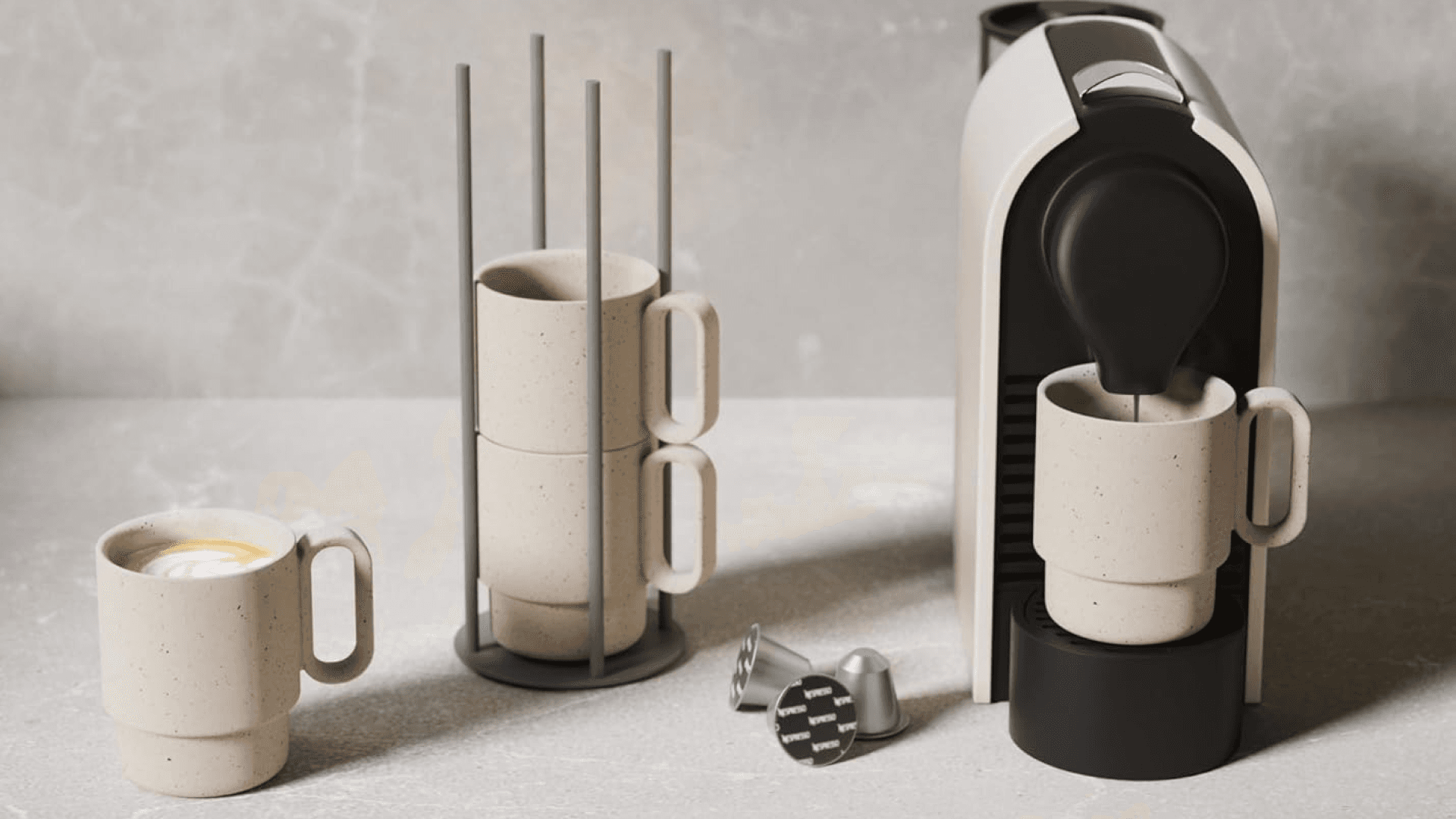 Libken Stackable Coffee Mug Set with Green Stand Rack 4x10oz Ceramic Mugs with Unique Sprinkled Optics - Powder Coated Metal Rack for Space Saving Storage - Dishwasher-Safe - Microwave & Oven Use