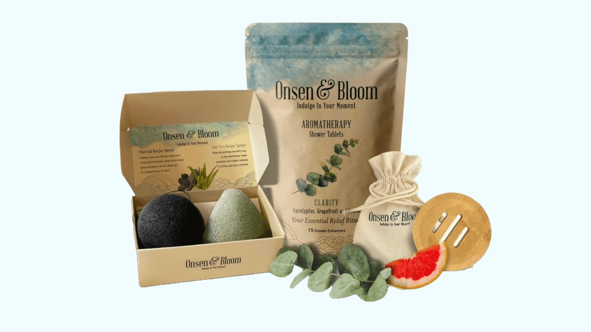 Onsen & Bloom Clarity Aromatherapy Bundle – 15 Shower Steamers with Konjac Sponge Set & Bamboo Tray – Energizing Shower Bombs with Eucalyptus, Grapefruit & Lemon Essential Oils