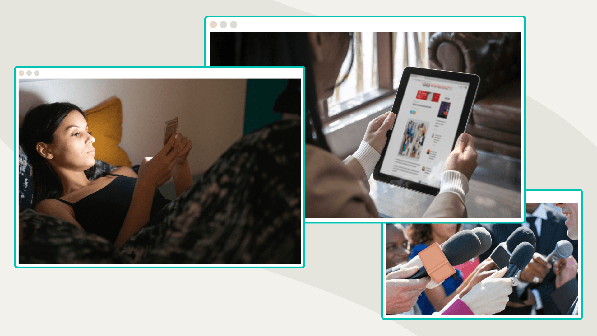A woman looks at her phone in bed and another at her iPad.  A photo shows mics at a press conference.