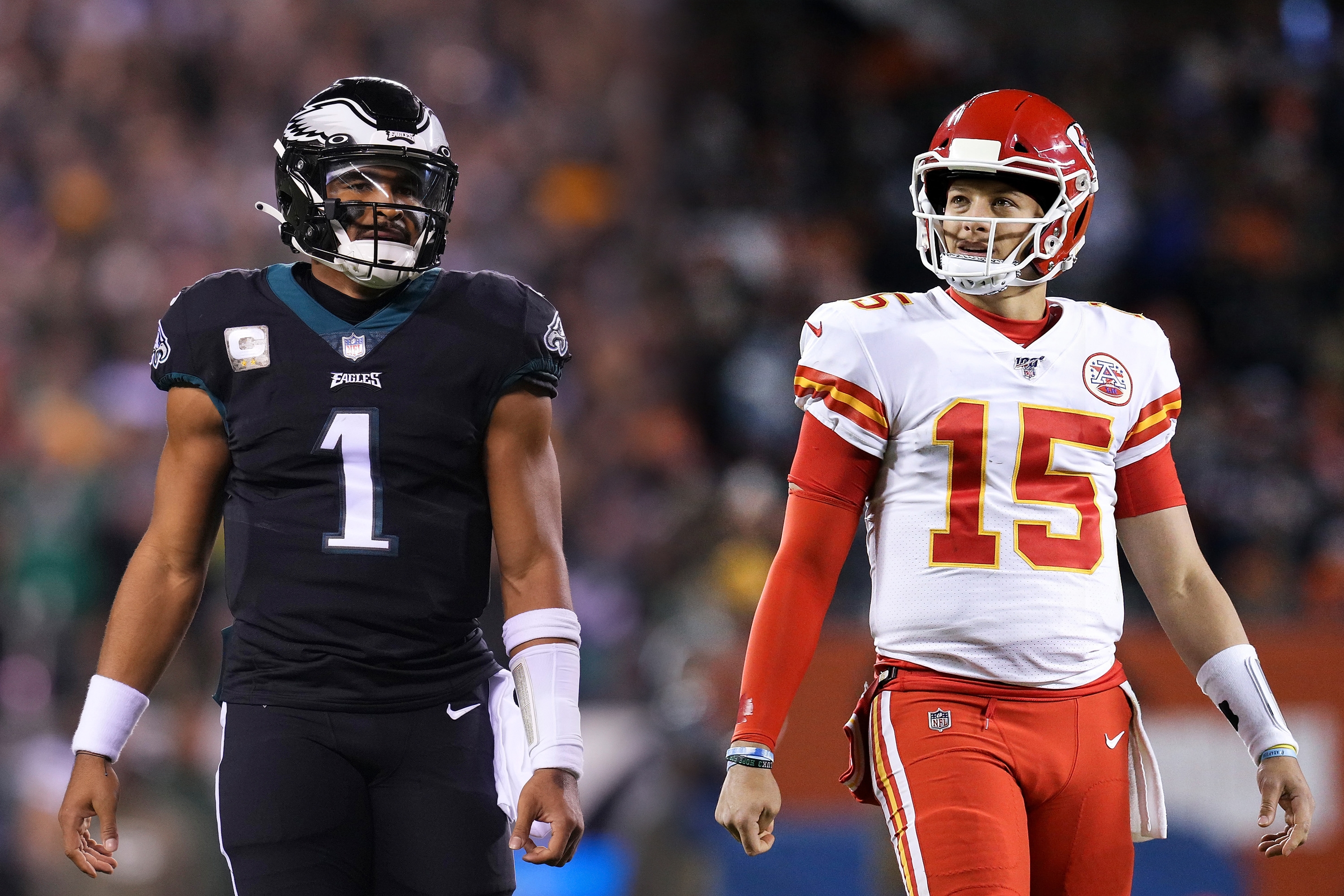 Jalen Hurts of the Philadelphia Eagles and quarterback Patrick Mahomes of the Kansas City Chiefs