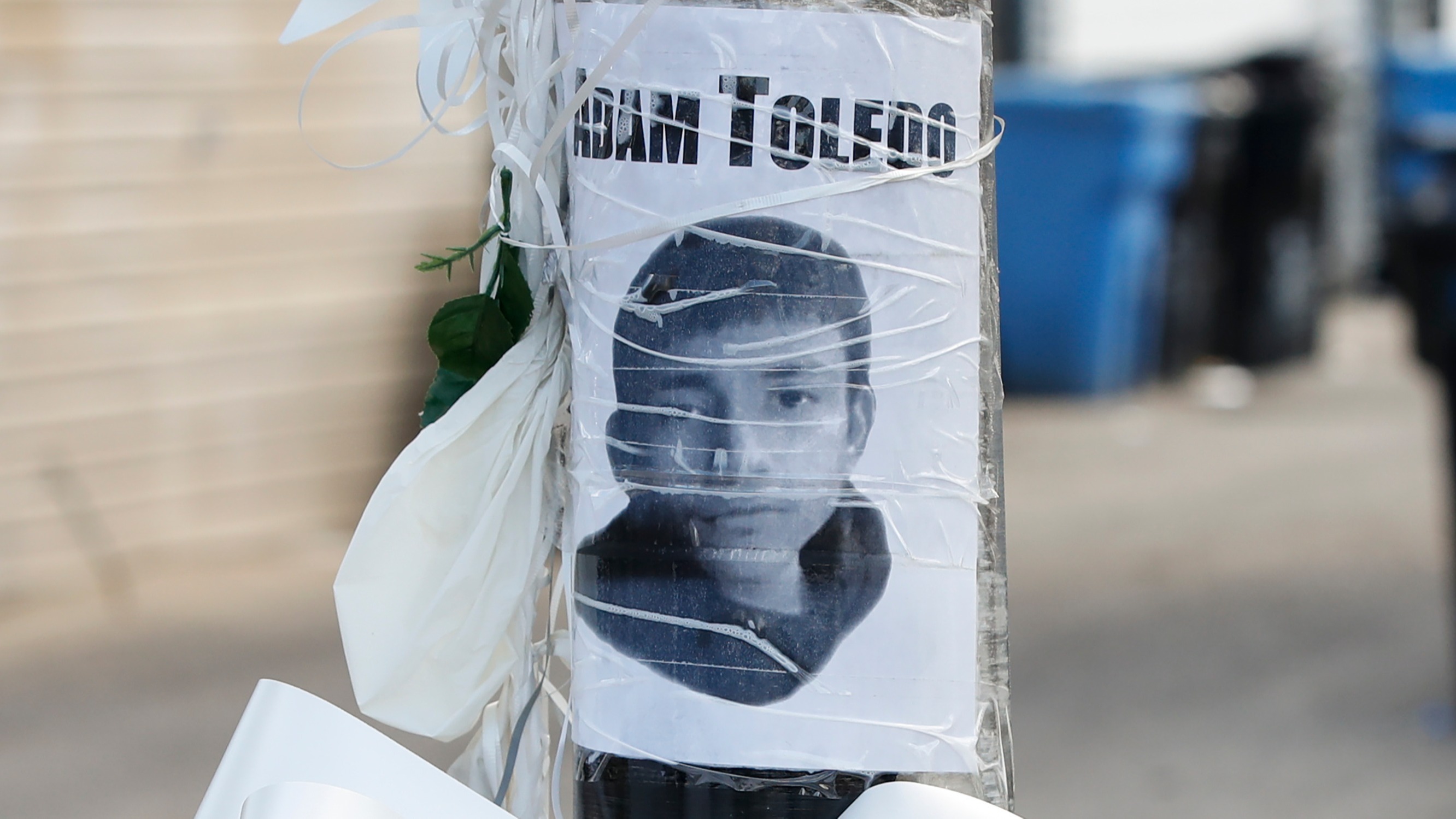 A small memorial is seen where 13-year-old Adam Toledo was shot and killed by a Chicago Police officer in the Little Village neighborhood on April 15, 2021