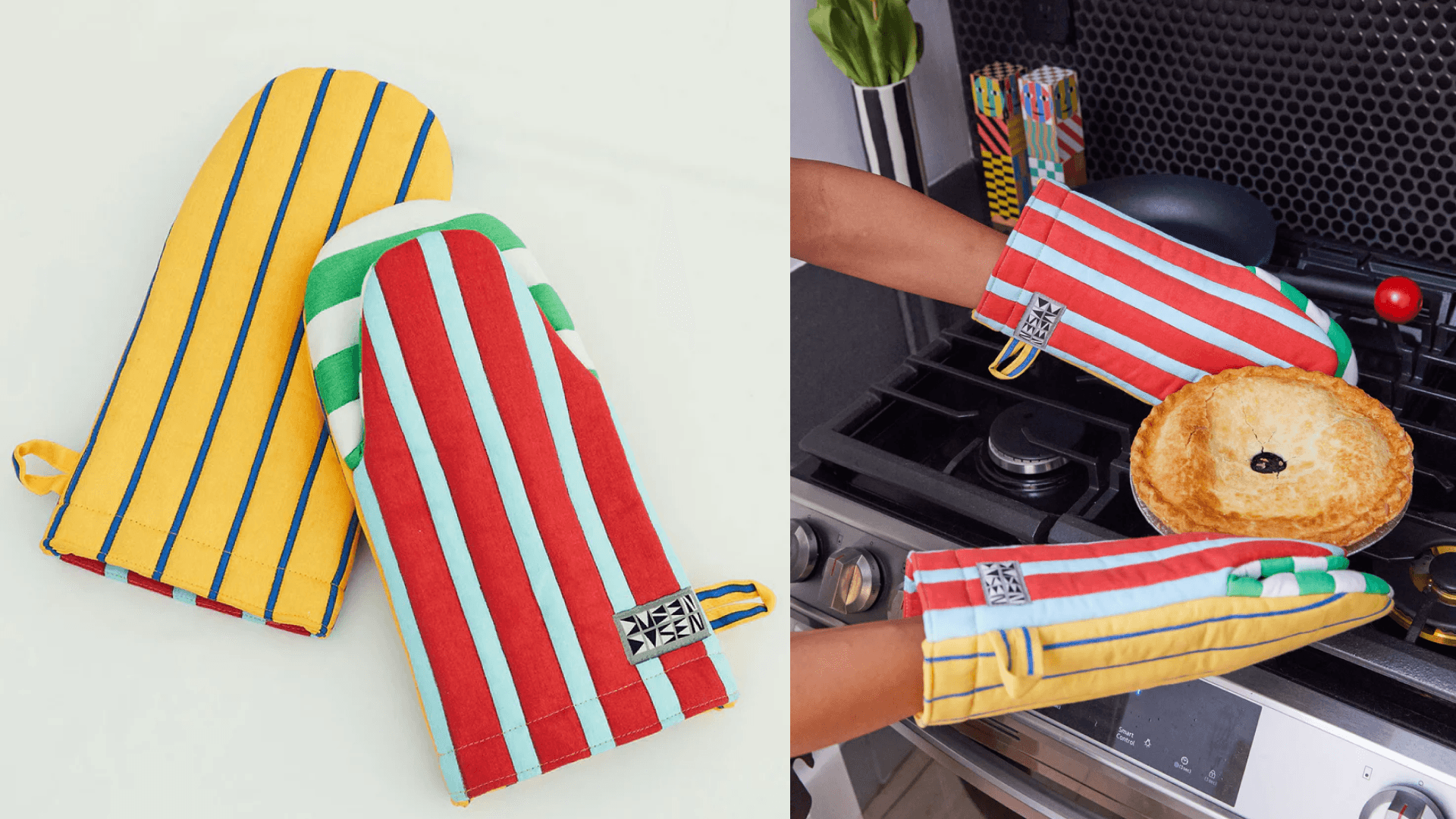 striped oven mits