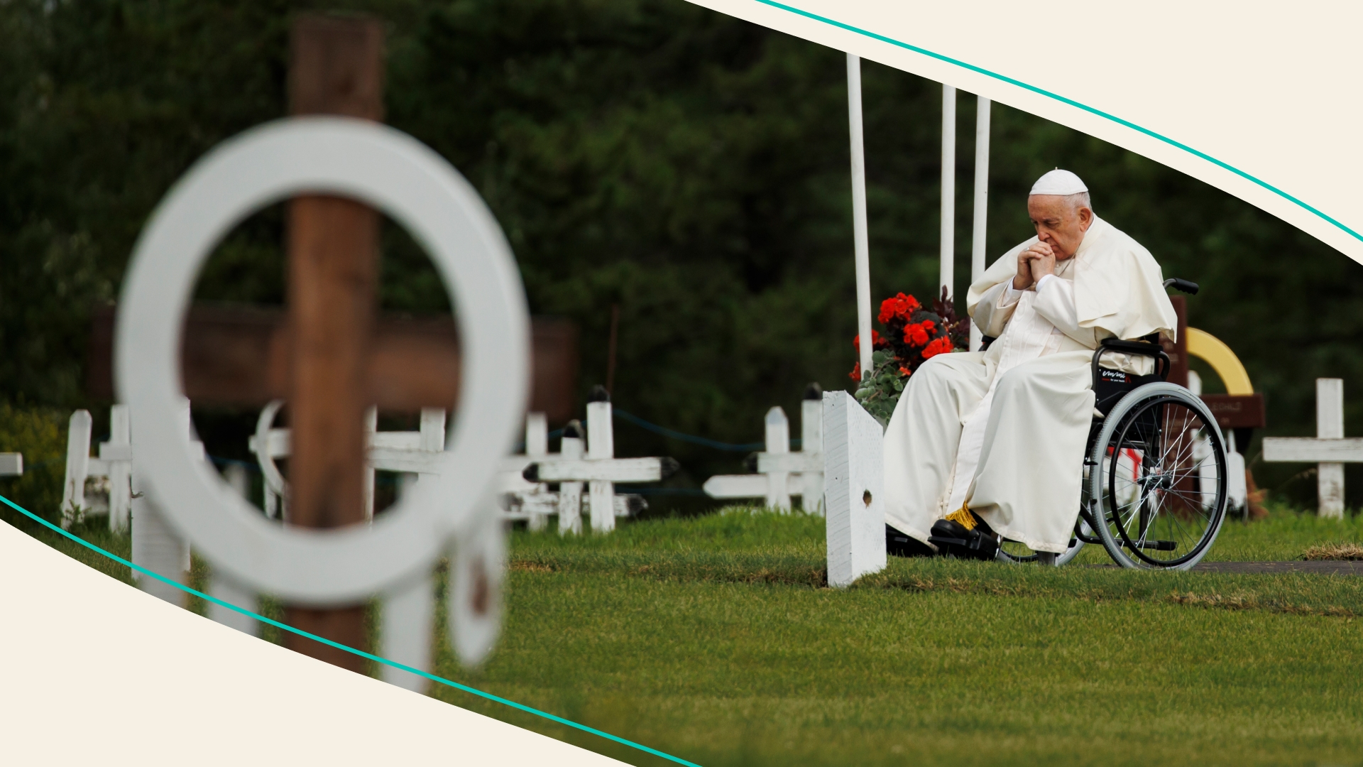 Pope Francis prays during a pause in the Ermineskin Cemetery during his visit on July 25, 2022 in Maskwacis, Canada.