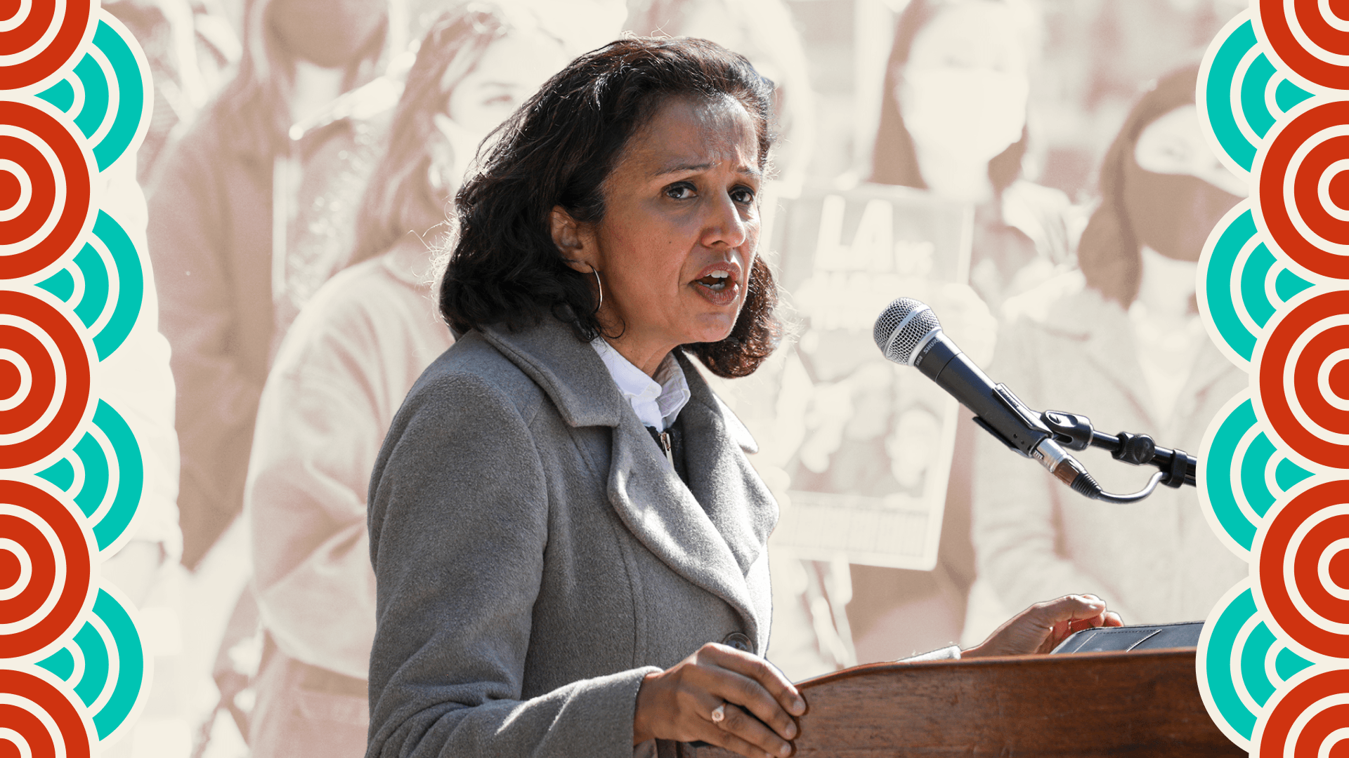 Stop AAPI Hate Co-Founder Manjusha Kulkarni at a 2021 rally speaking out against the hate and recent violence against Asian Americans