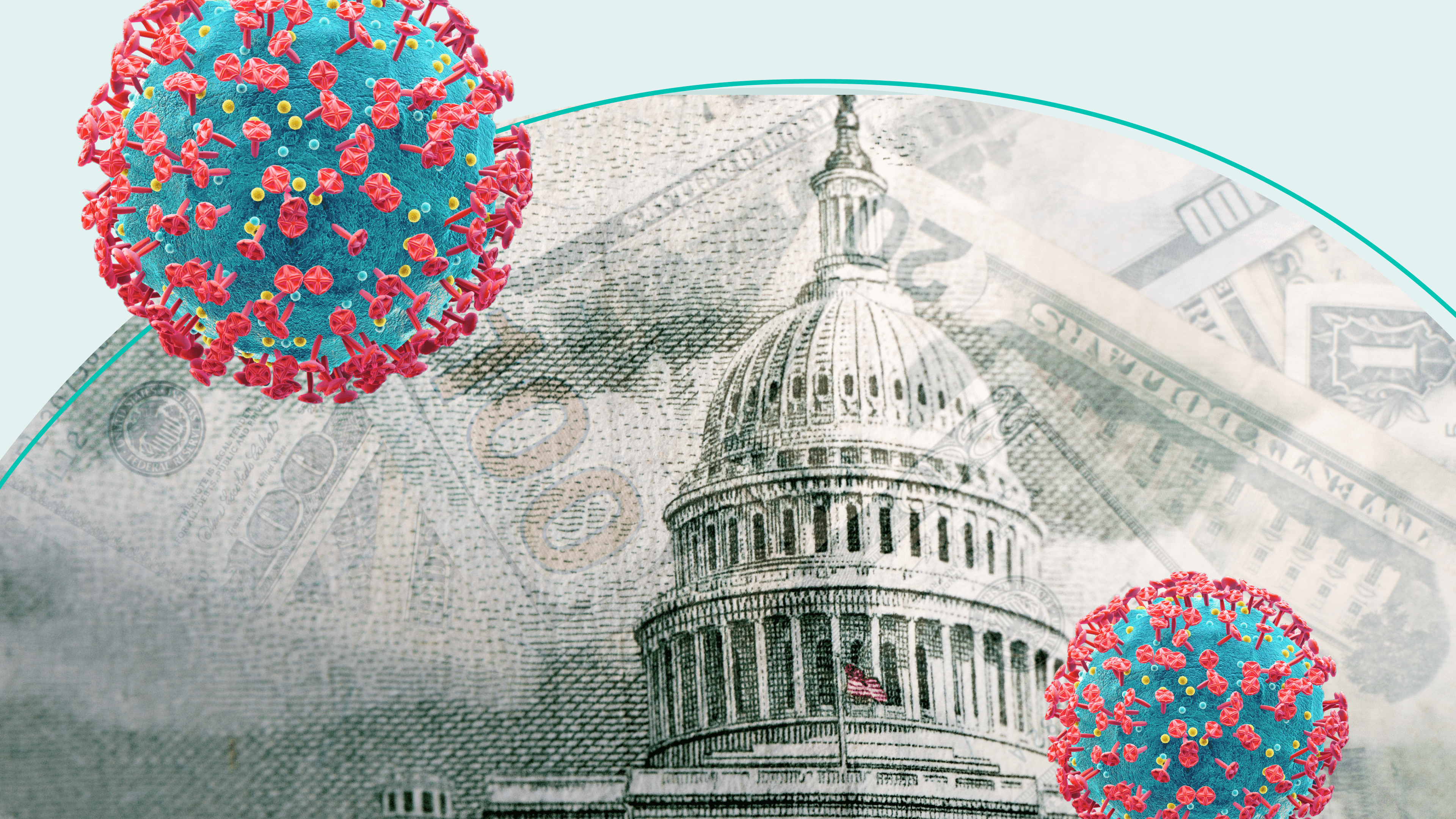 COVID viruses over a dollar bill