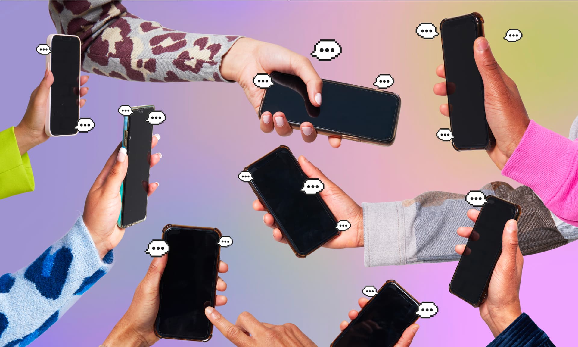 Hands holding smartphones with speech bubbles