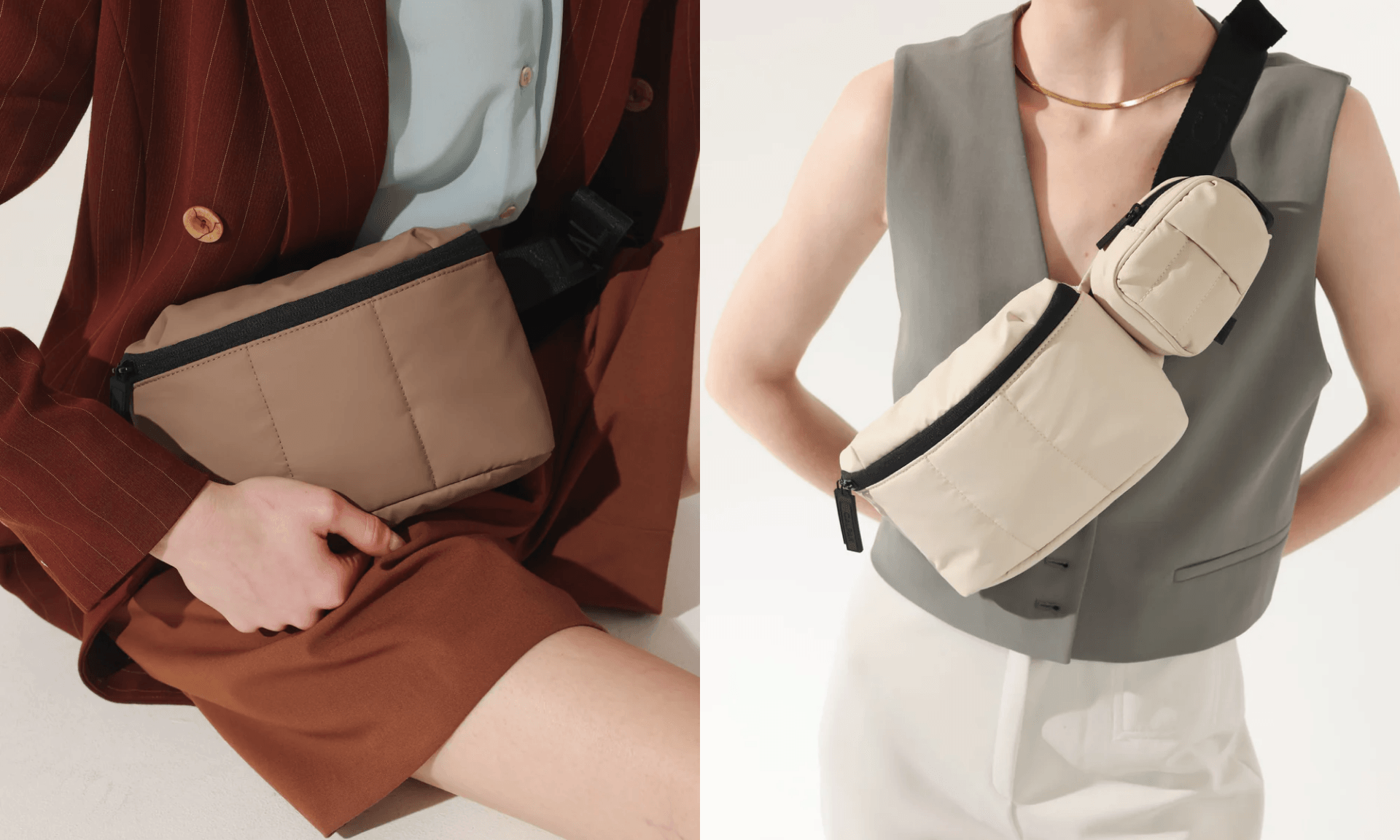 Person in burgundy blazer and orange shorts with brown Calpak belt bag; person in gray blazer vest and white pants with beige belt bag