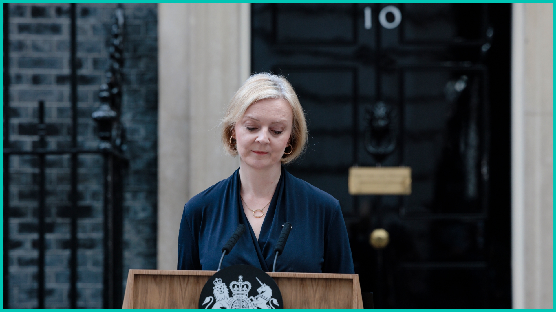 Prime Minister Liz Truss delivers her resignation speech at Downing Street on October 20, 2022 in London, England