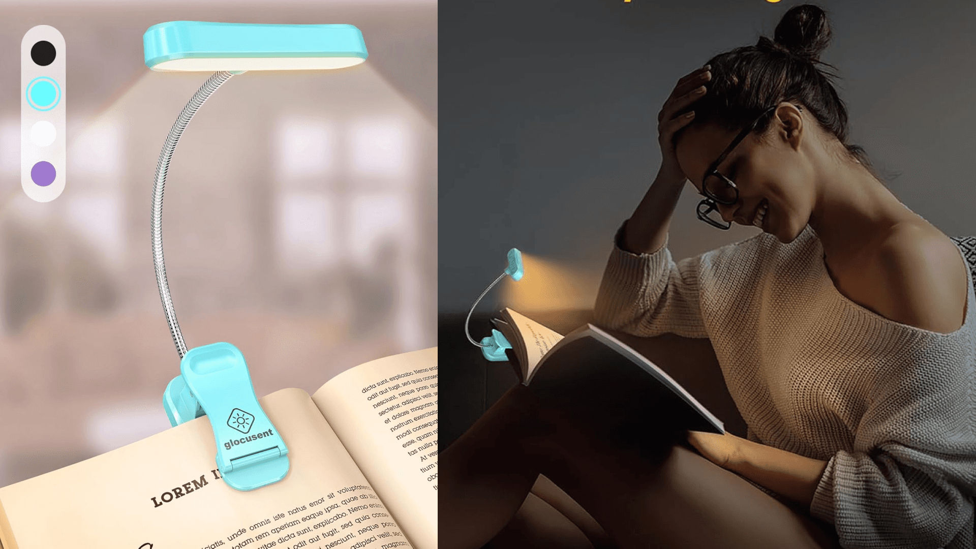 Glocusent Horizontal ET-Head Book Light for Reading in Bed, Eye Caring, CRI 95, 3 Colors & 5 Brightness, Rechargeable Long Lasting Reading Light, 1.4Oz Lightweight & Portable, Perfect for Book Lovers