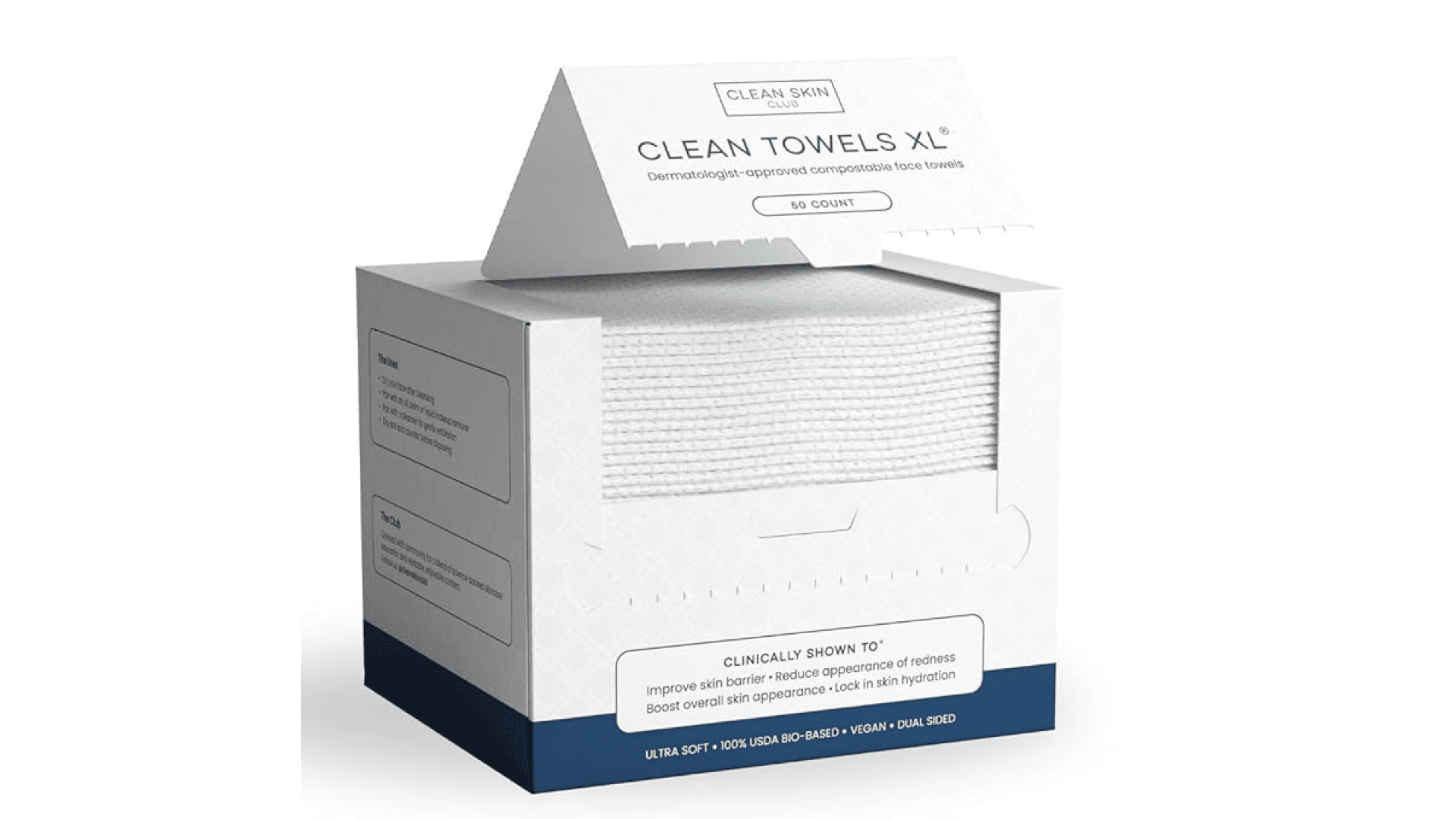 Clean Skin Club Clean Towels XL®, 100% USDA Biobased Face Towel, Disposable Face Towelette, Eczema Association Accepted, Makeup Remover Dry Wipes, Ultra Soft, 1 Pack, 50 Ct